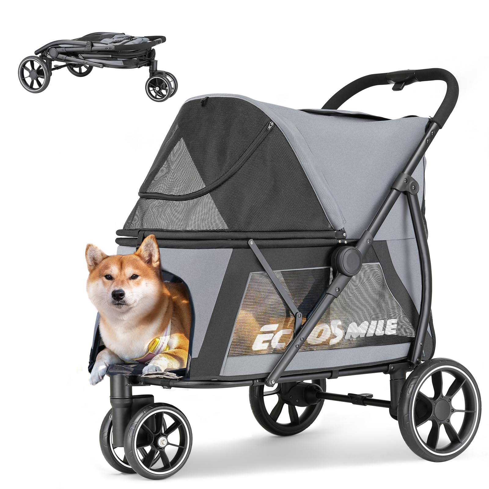 EchoSmile Cochecito para perros medianos y grandes de hasta 40 kg, plegable con ventanas de red, asa ajustable y 3 ruedas todoterreno (gris + negro)
