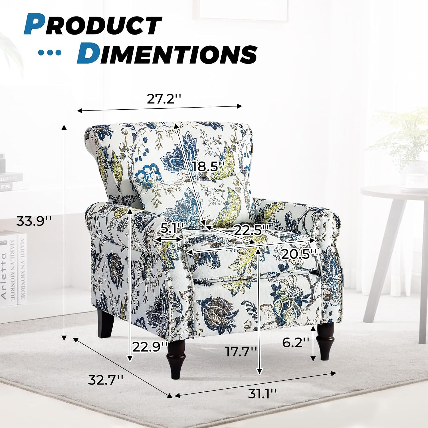 Floral Accent Chair with Lumbar Pillow, Retro Wingback Armchair with Nailhead Trim & Rolled Arms, Modern Linen Fabric Upholstered Recliner for Living Room, Bedroom, Reading Chair, Easy Assembly