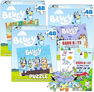 Bluey Premier 48 Pc Puzzle Set for Kids - Bluey Party Supplies Bundle with 3 Bluey Puzzles, Barn Bots Stickers, and More (Bluey Games and Activities for Kids)