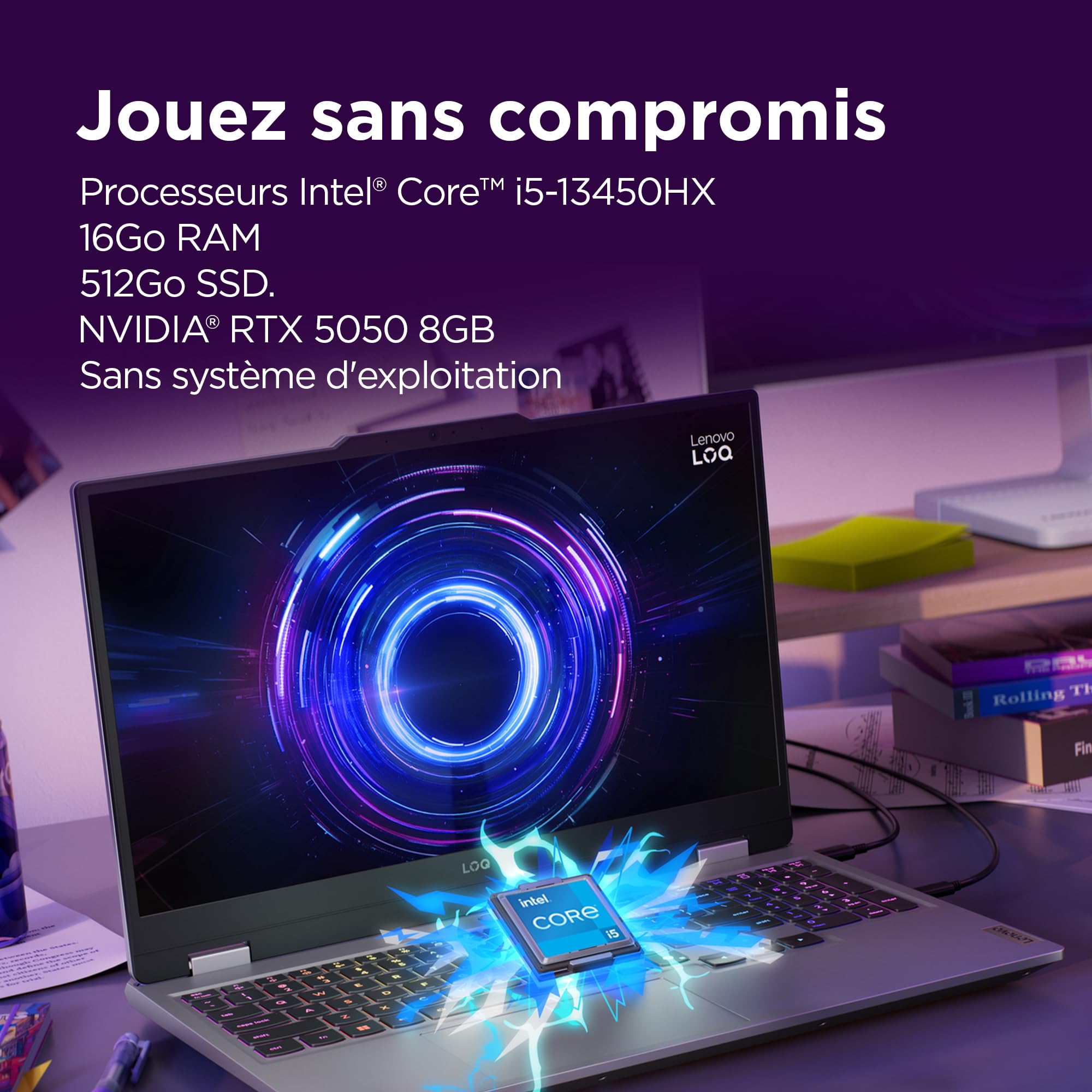 Lenovo LOQ 15IRX10 - Ordinateur Portable Gaming 15.6'' FHD 144Hz (Intel Core i5-13450HX, RAM 16Go, SSD 512Go, NVIDIA RTX 5050 8GB, sans Système d'Exploitation) Clavier rétroéclairé blanc AZERTY - Gris