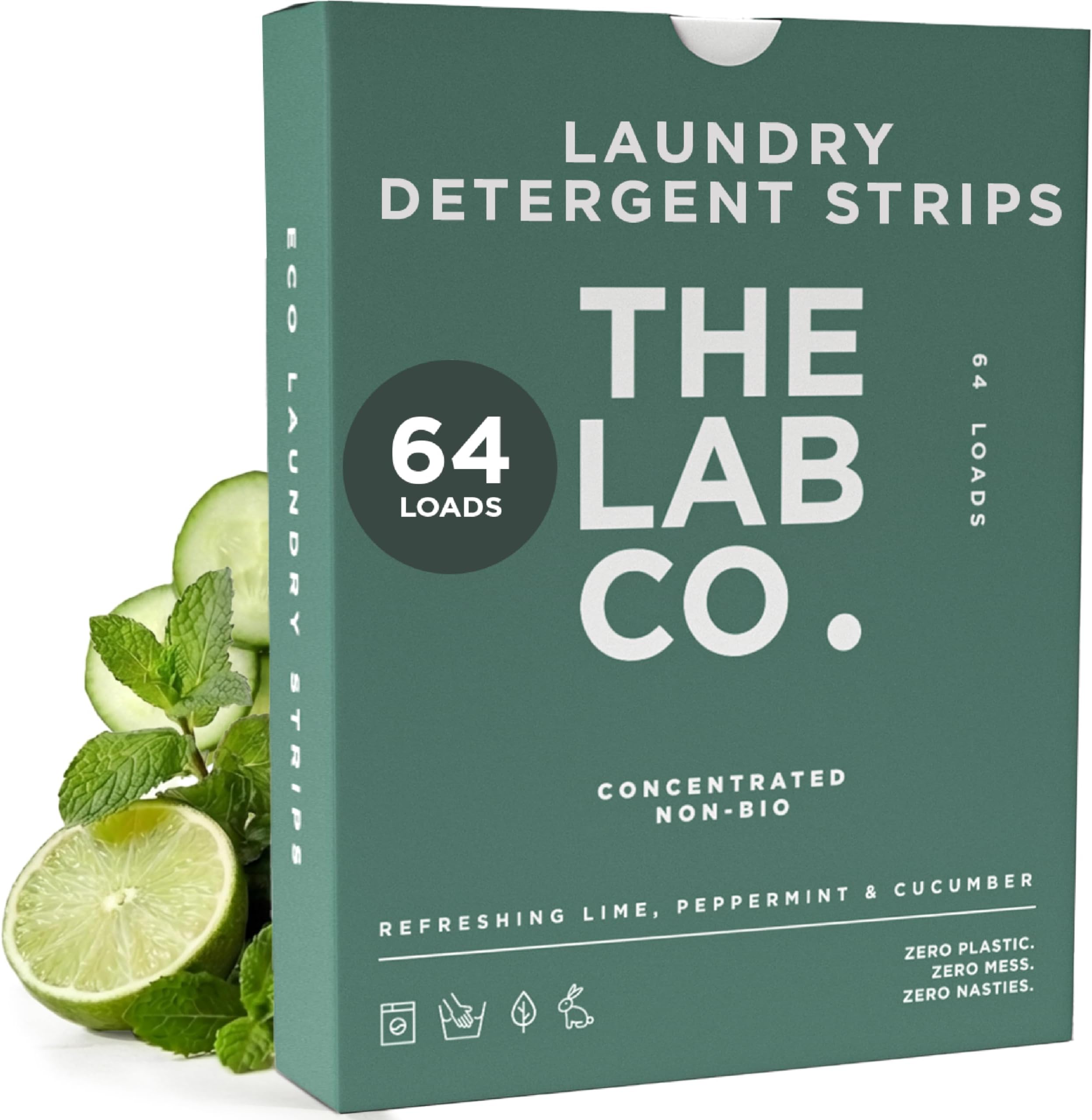 The Lab Co. Laundry Detergent Strips Washing Sheets | Eco Ultra-Concentrated | Non-Bio for Sensitive Skin | Non-Toxic Fragrance | EDC-Free | Lab-Tested | Refreshing Lime Eucalyptus Cucumber | 64 Loads