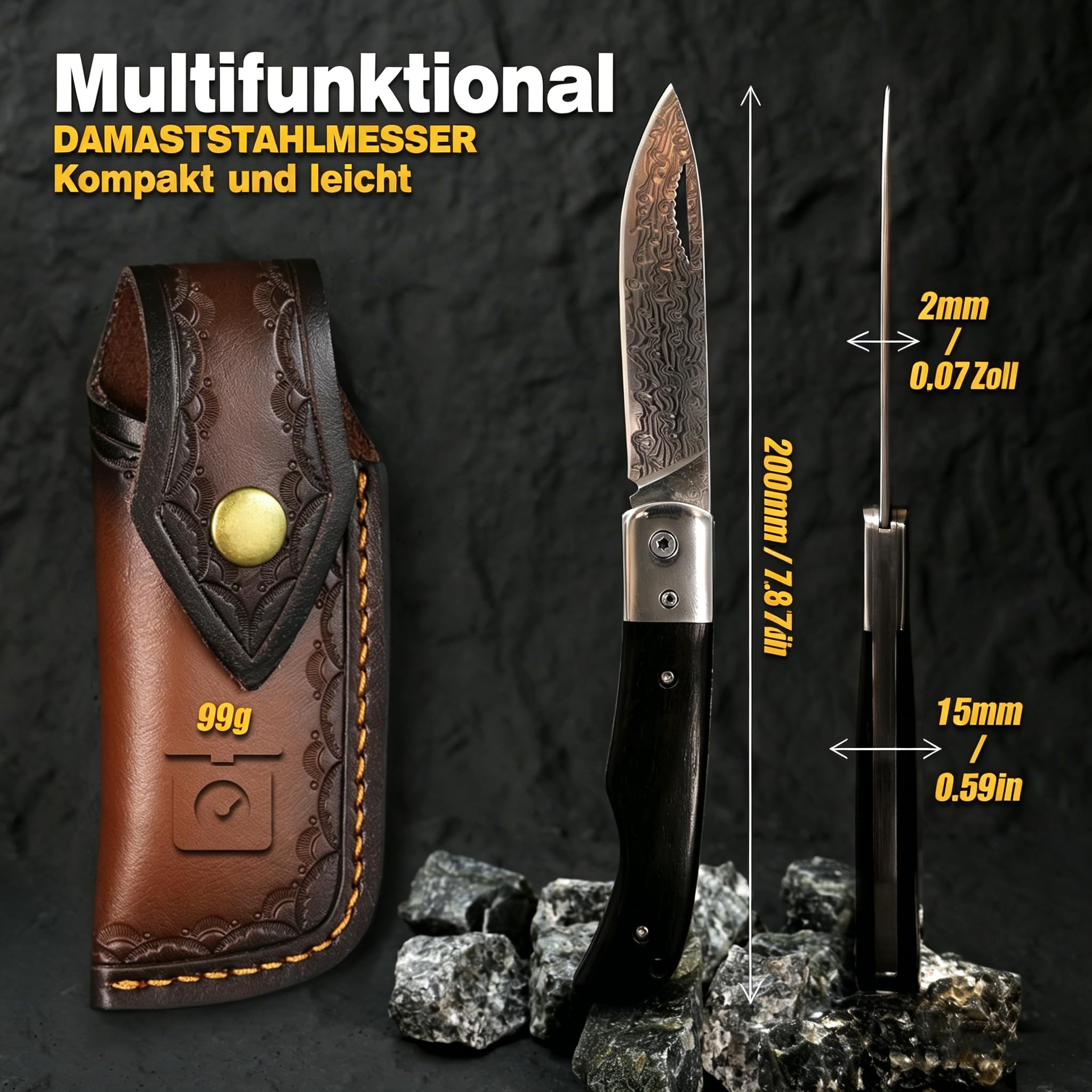 Damast Taschenmesser Zweihandklappmesser OutdoorJagdmesser/Bushcraft EDC Messer Mit Ebenholz Griff Gürtelholster Für Camping Wandern Angeln