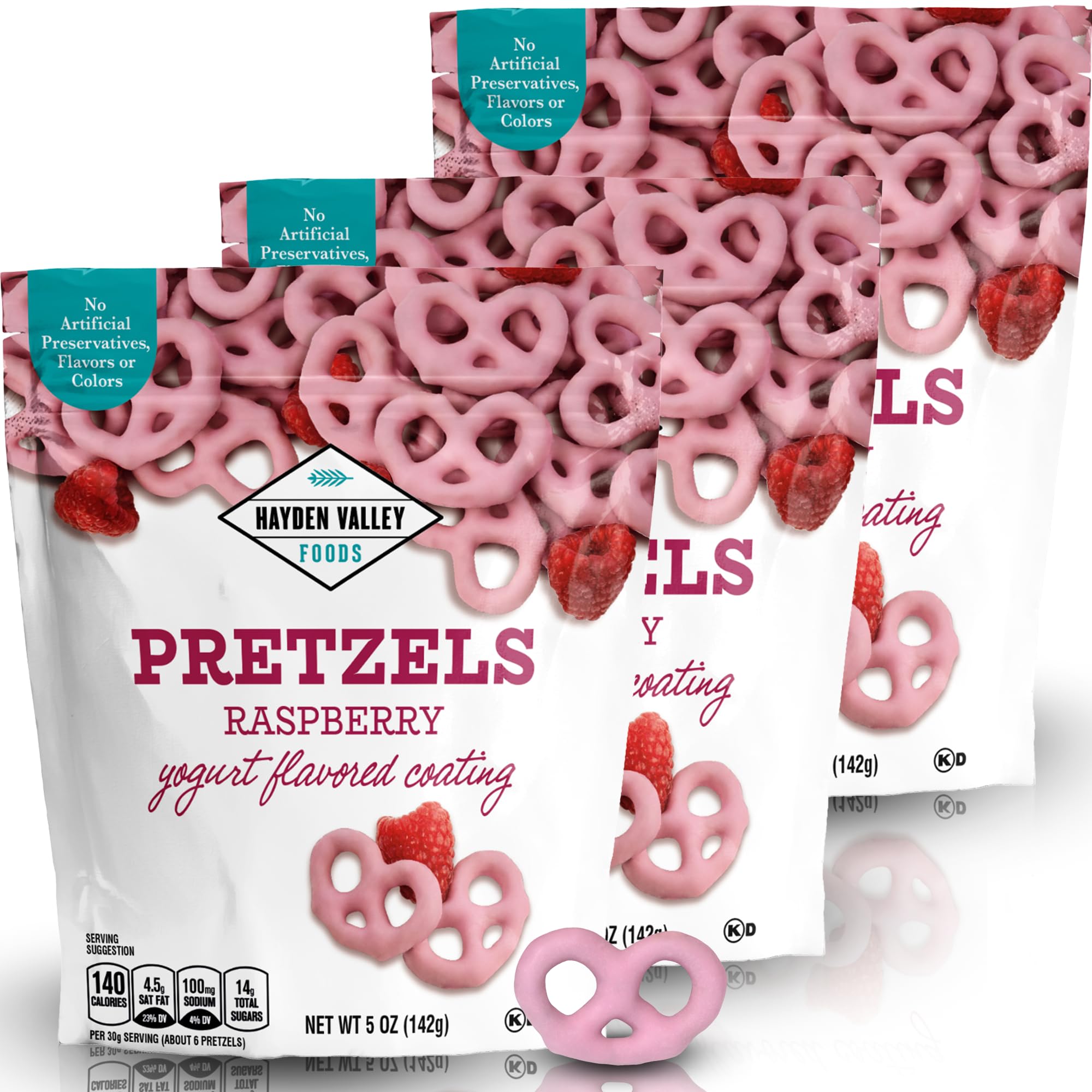 Hayden Valley Foods Raspberry Yogurt Flavored Covered Pretzels | 5 oz Bags (Pack of 3) | No Artificial Flavors, Preservatives or Colors | Pink Bulk Sweet Snacks