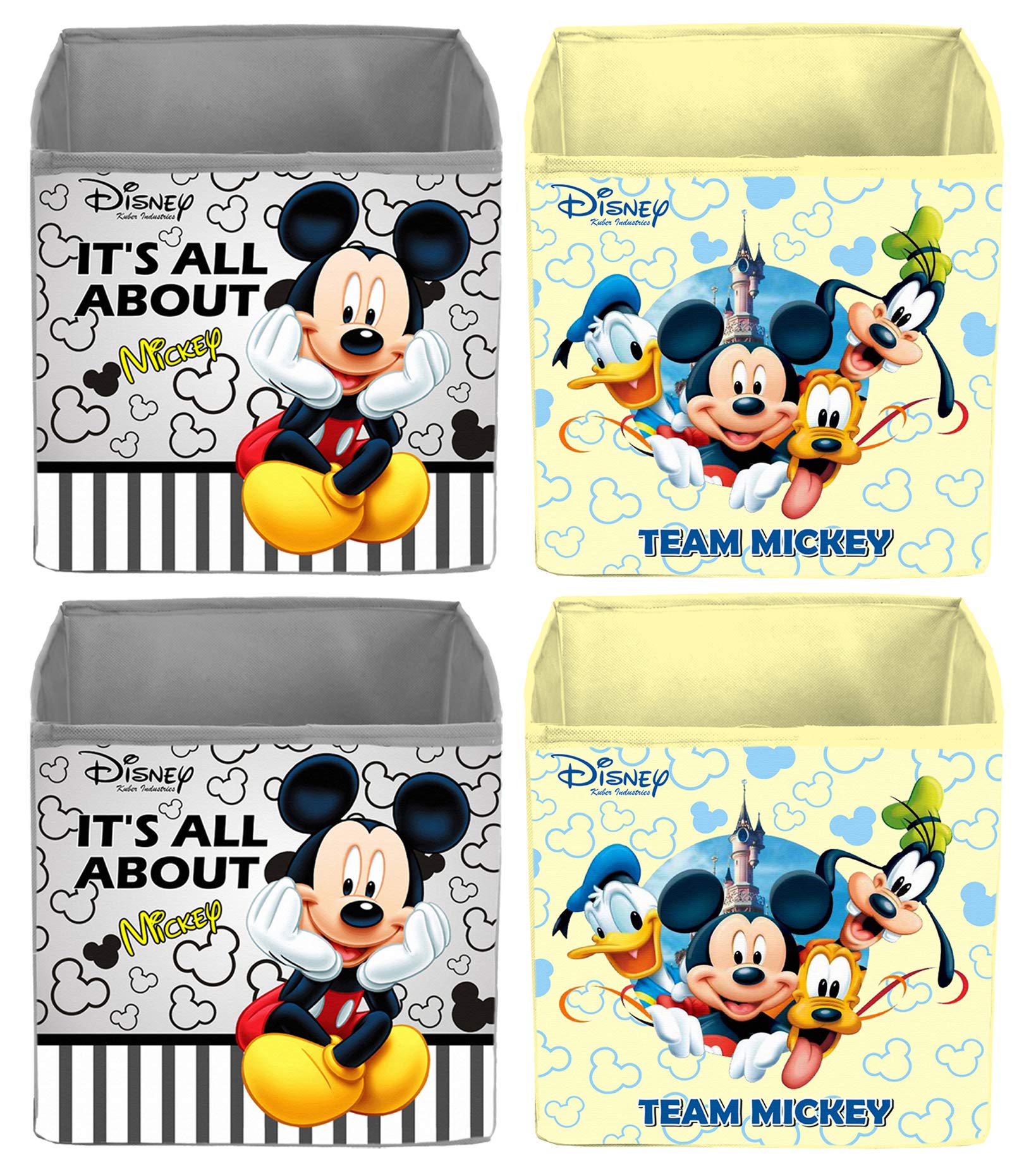 Kuber Industries Disney Print Włóknina, 4 sztuki, składana kostka do przechowywania zabawek, książek, butów pudełko do przechowywania z uchwytem, bardzo duże (szare i kremowe) - KUBMART16218