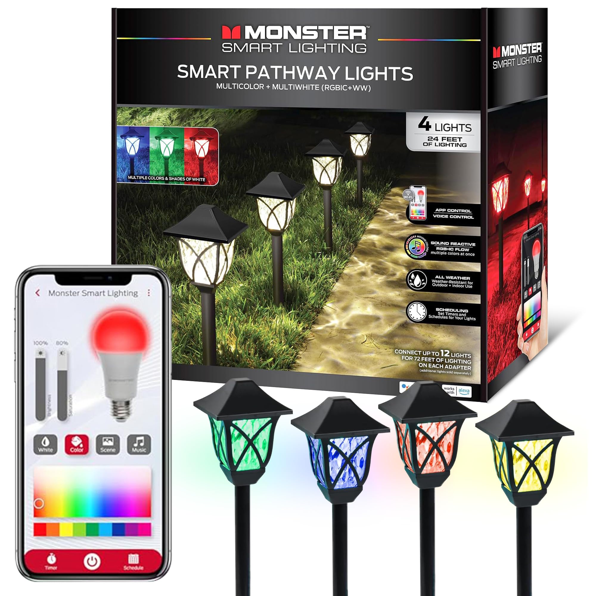 Monster Smart RGB+IC+WW Pathway Lights with 4 Dimmable LED Lights