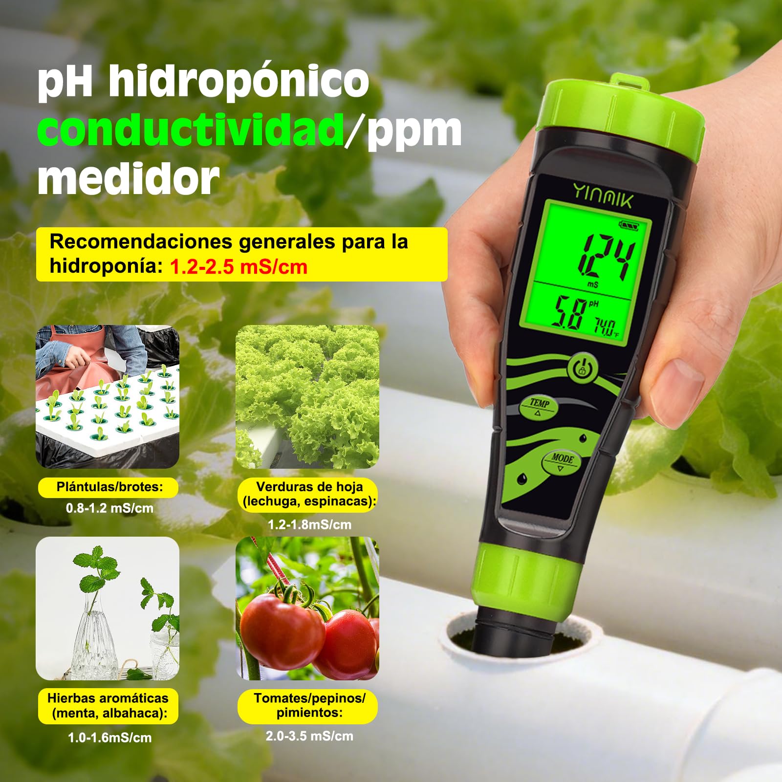YINMIK Medidor Digital de pH y Salinidad para Piscinas 5 en 1, Tester Acuático EC TDS PPM, Comprobador de Conductividad para SPA, Hidroponía, Acuario y Agua Potable