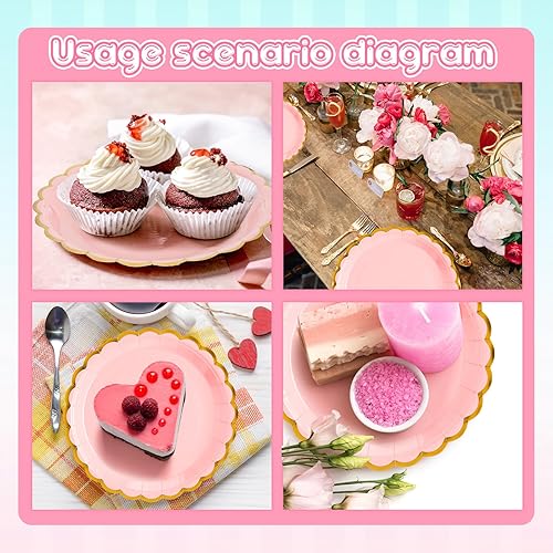 Miniatura 6 de 100 platos de papel festoneado con borde dorado, platos desechables de 9 pulgadas, platos decorativos festoneados, platos de postre de papel para