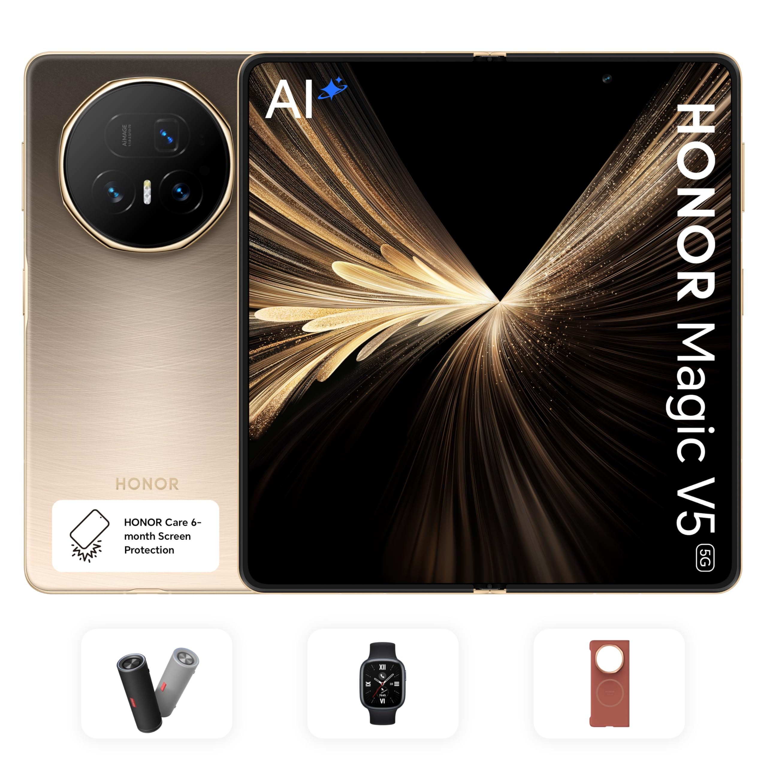 HONOR Magic V5 16GB RAM 512GB Dawn Gold With Free Honor choice Speaker, Honor Watch 4, Premium phone cover & 6 Month Screen Insurance - Middle East Version