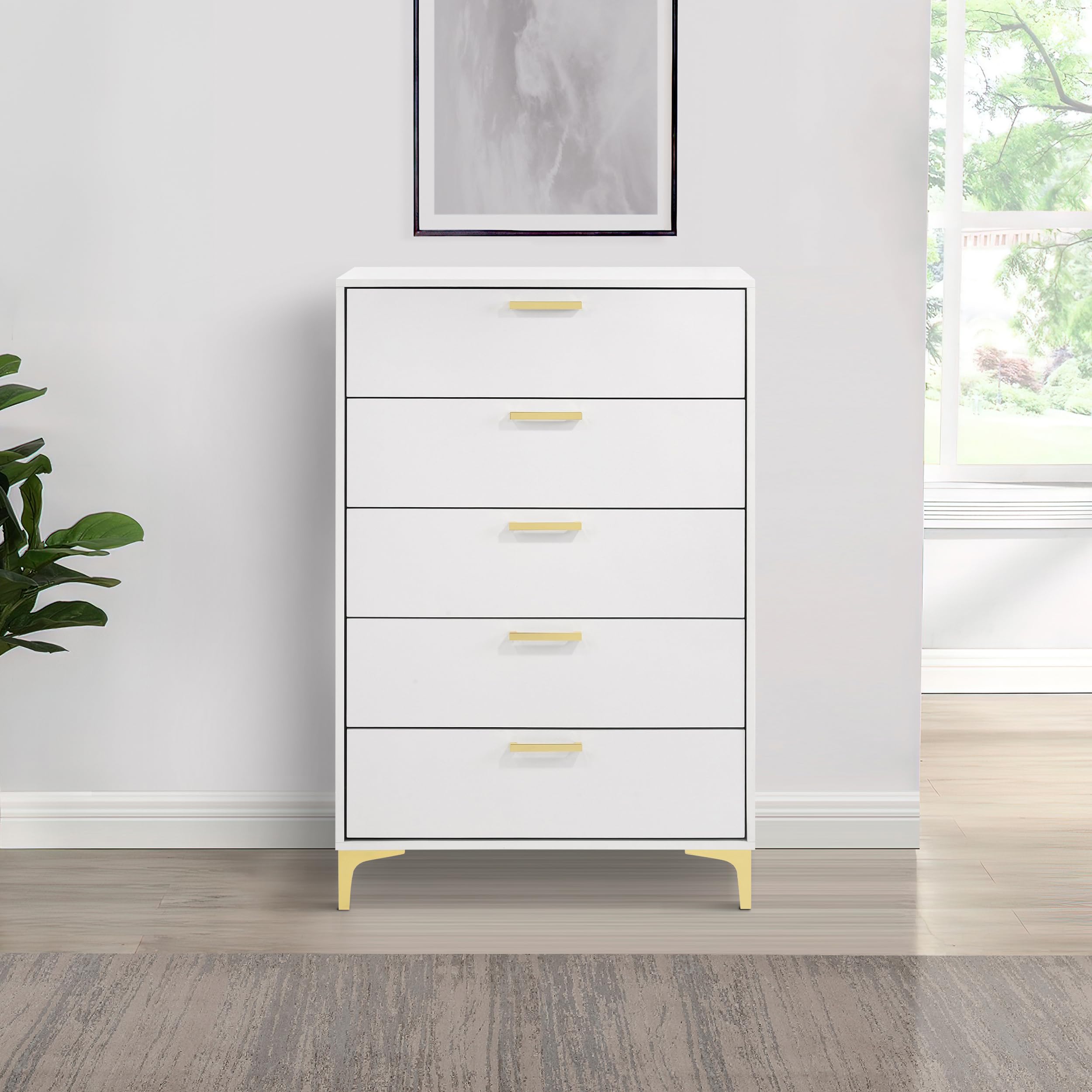 Amazon.com: Benjara BM297269 50 in. LIF Modern 5 Drawer Tall Dresser Chest White & Gold : Home & Kitchen Amazon.com: Benjara BM297269 50 in. LIF Modern 5 Drawer Tall Dresser Chest White & Gold : Home & Kitchen