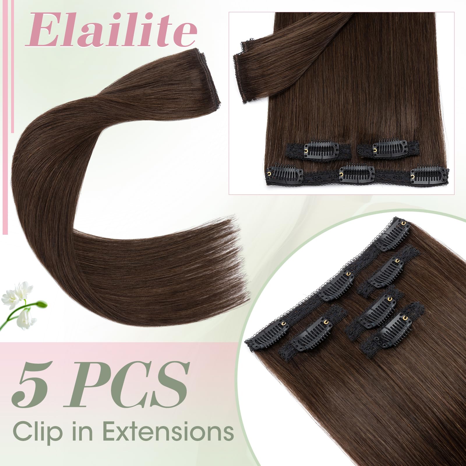 Elailite Echthaar Extensions Clip Silk Lace in Tressen 5Stücke Haarverlängerung Haarteile Unsichtbar 55g 55cm für Volumen/Meches #2R Dunkelbraun