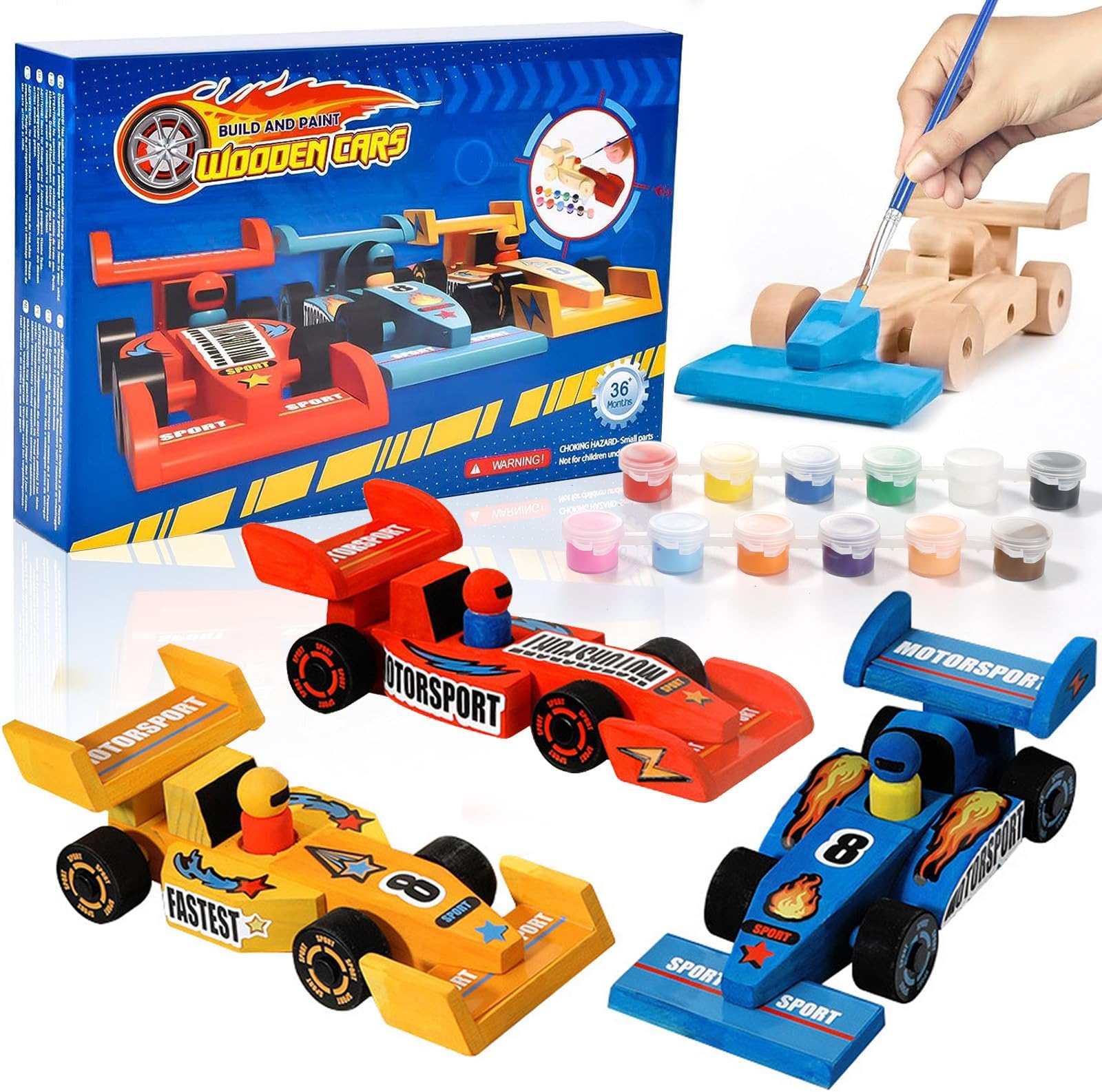 Paint Your Own Wooden Race Car-Gift Toy for Boy, Easy to Assemble Arts and Crafts Kit for Kids, Art Supplies & DIY Car Toy for Kids, Boy Girls Birthday Gift Ages 3 4 5 6 7 8 9 10 11 12+