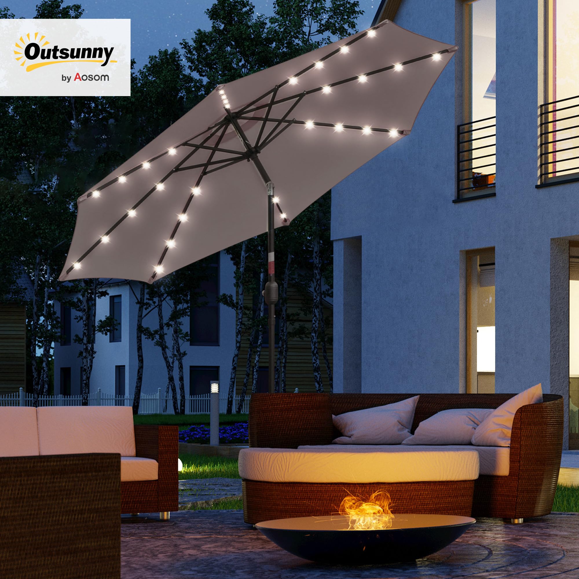 Outsunny Ombrellone da Giardino Inclinabile Ø265 cm con Manovella Grigio | 32 Luci LED Solari, Ombrellone da Esterno a 8 Stecche, Acciaio, Poliestere, Patio Cortile Balcone Terrazza