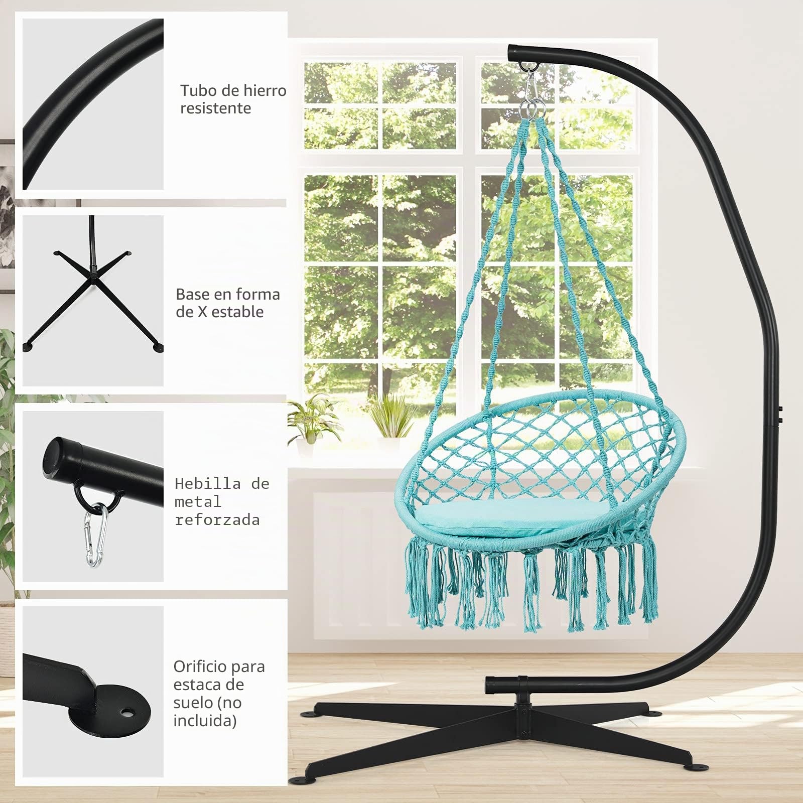 GIANTEX Soporte para Silla Colgante de Acero para Colgar Hamacas de Interior y Exterior, Máx.150 kg, 111 x 84 x 207 cm, Negro（Hamaca no incluida） | Estructura independiente para hamaca/silla de huevo/mecedora de interior y exterior, carga 150 kg, 111 x 84