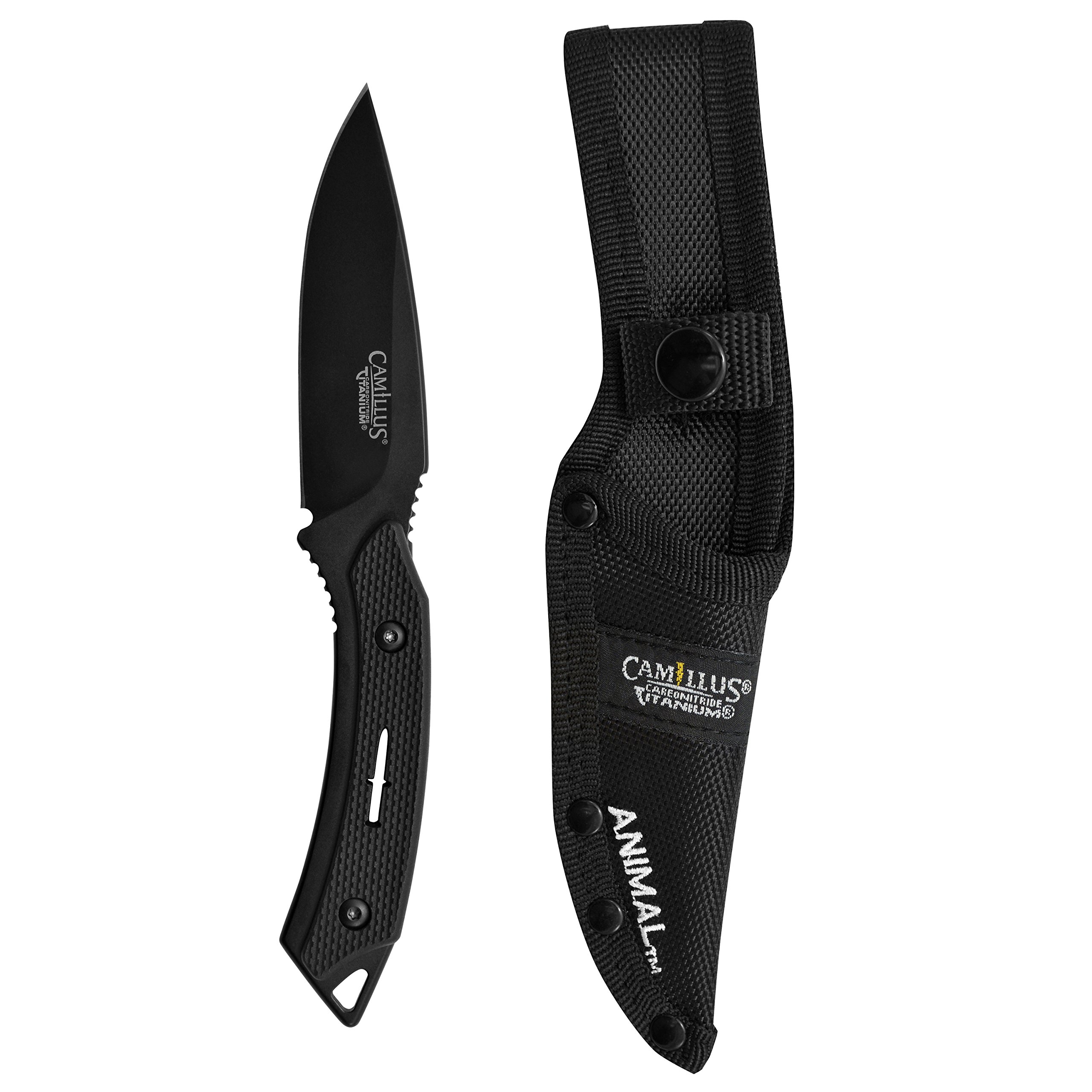 Camillus Coltello Animal, con fodero in nylon balistico, lama in acciaio 440 in carbonitruro di titanio da 8,9 cm, impugnatura GFN, nero, 19,7 cm