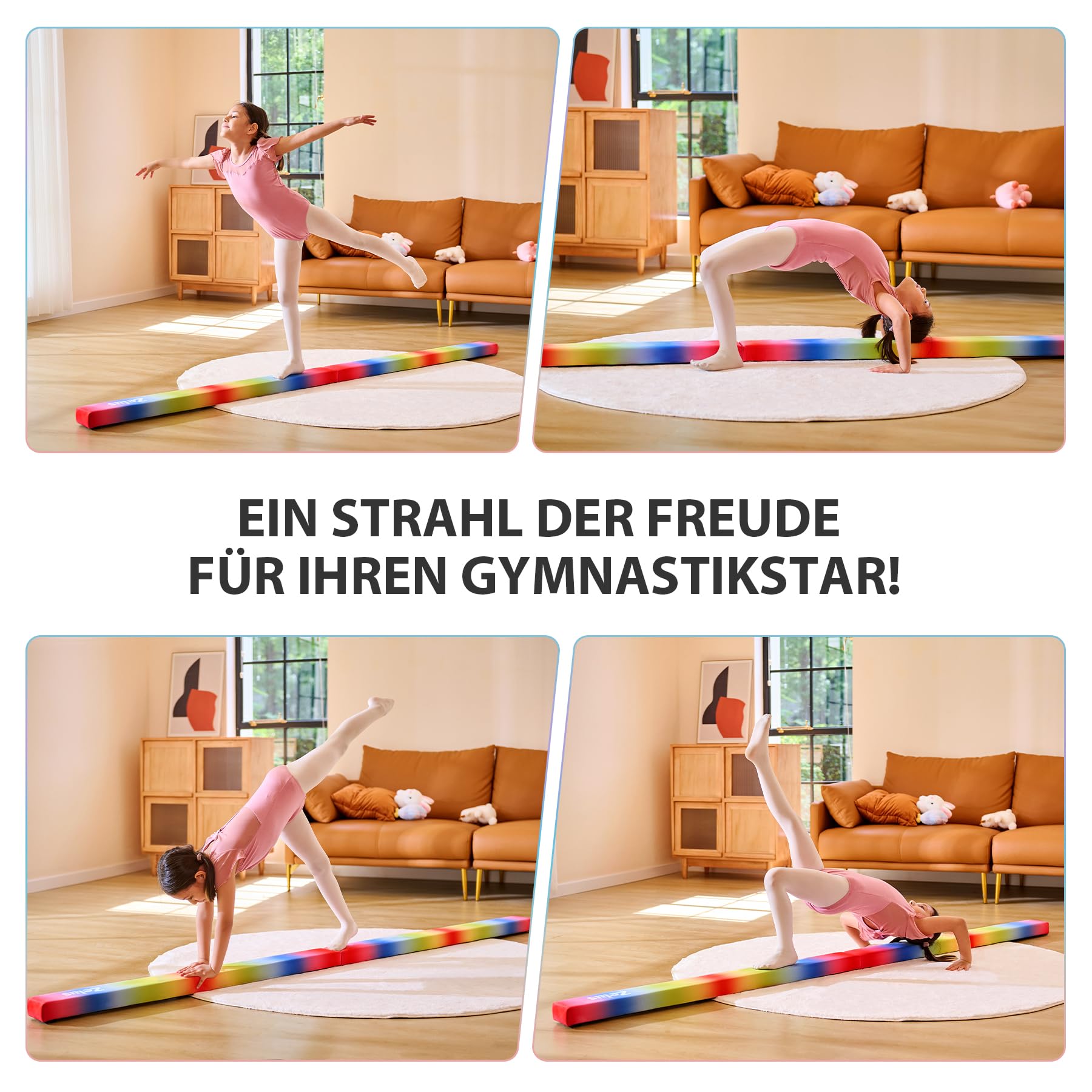 ZELUS 240/270 cm Schwebebalken Kinder für Zuhause Faltbarer Gymnastikbalken aus Eva-Schaum & Holz Balancierbalken mit erhöhten Füßen & Tragegriffen für Fitness, Training, Turnen
