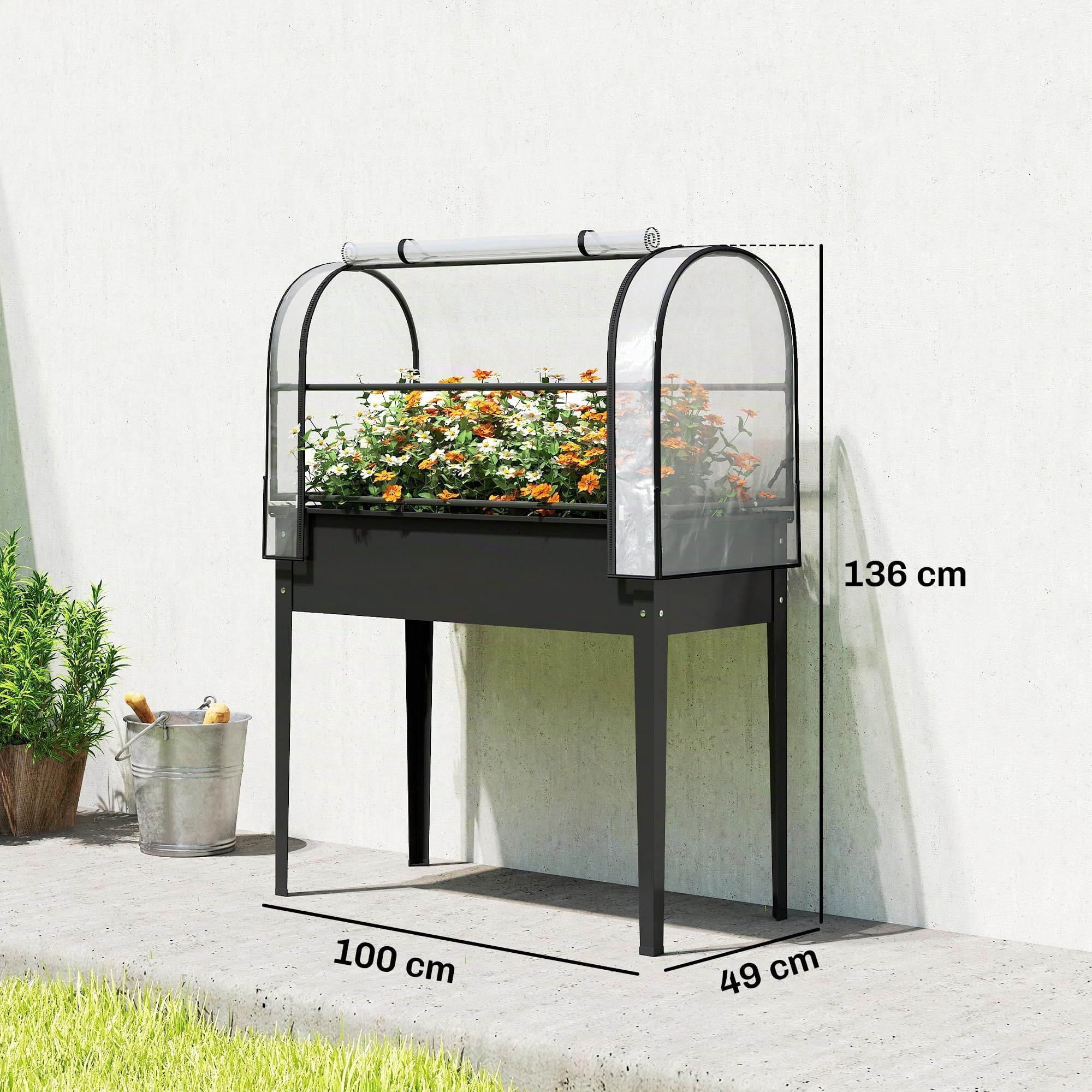 Outsunny Potager sur Pieds avec Serre Rabattable 100 x 49 x 136 cm Noir | Jardinière Haute sur Pied en Métal 97L, Trou de Drainage, pour Plantes Fleurs et Légumes