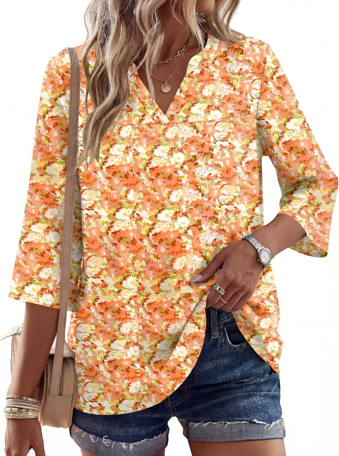 Rapbin Womens 3/4 Sleeve V Neck Floral Print Pleated Blouses for Women Dressy Casual Loose Fit Tops