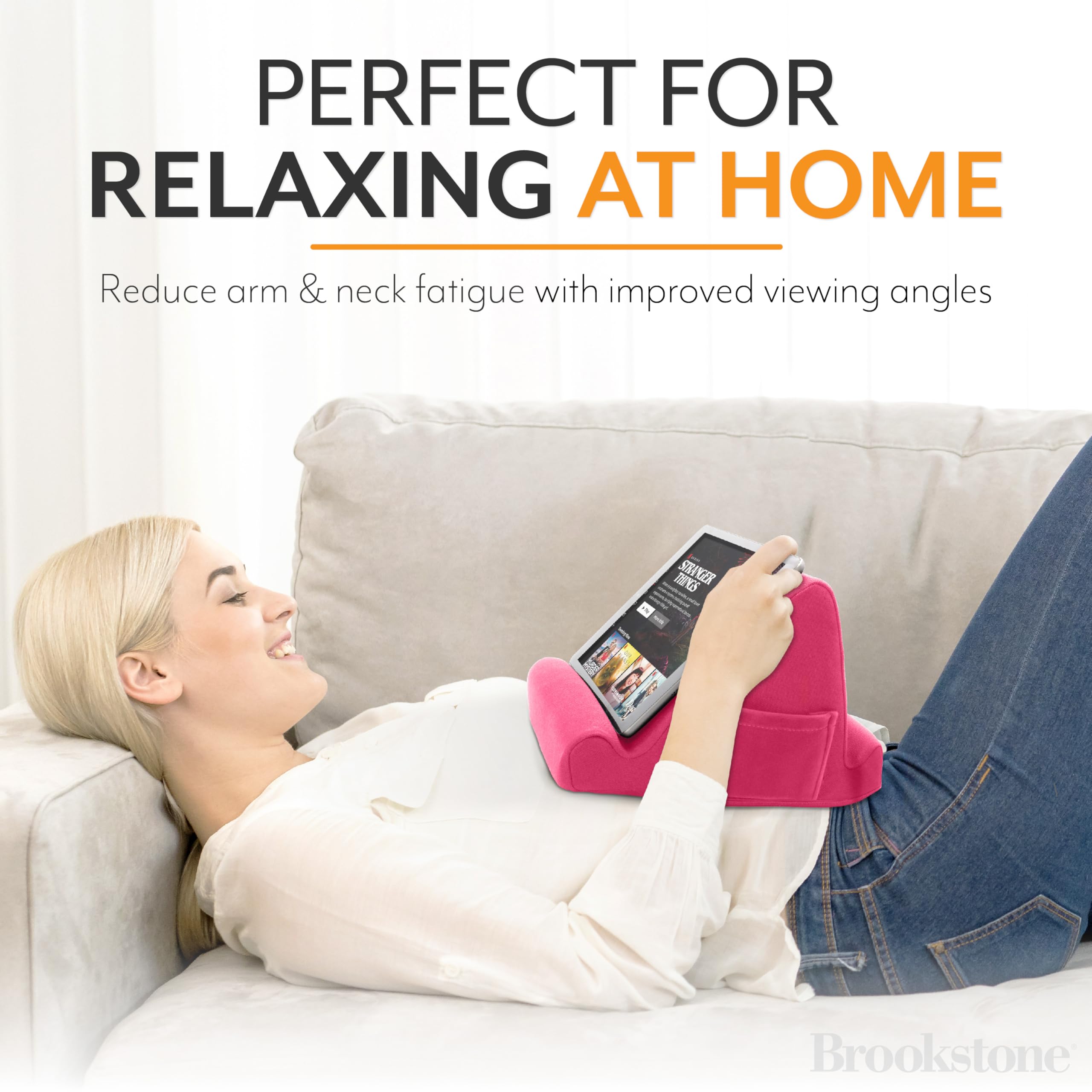 Brookstone, Memory Foam Lap Desk Tablet Holder, Holds Phones, iPads, E-Book Readers, 2 Viewing Angles, 2 Side Pockets for Accessories, Book Holder Cushion, Perfect Home, Car Travel, Flights, Pink