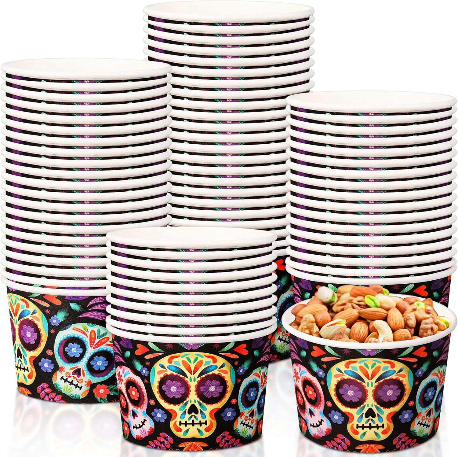 Potchen 50 Pack 9 oz Day of the Dead Disposable Paper Cups Skull Disposable Soup Bowls Dia De Los Muertos Plates Paper Snack Cups Mexican Party Supplies for Dessert Hot or Cold Food