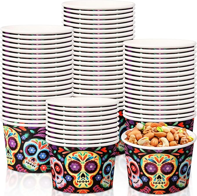 50 Pack 9 oz Day of the Dead Disposable Paper Cups Skull Disposable Soup Bowls Dia De Los Muertos Plates Paper Snack Cups Mexican Party Supplies for Dessert Hot or Cold Food