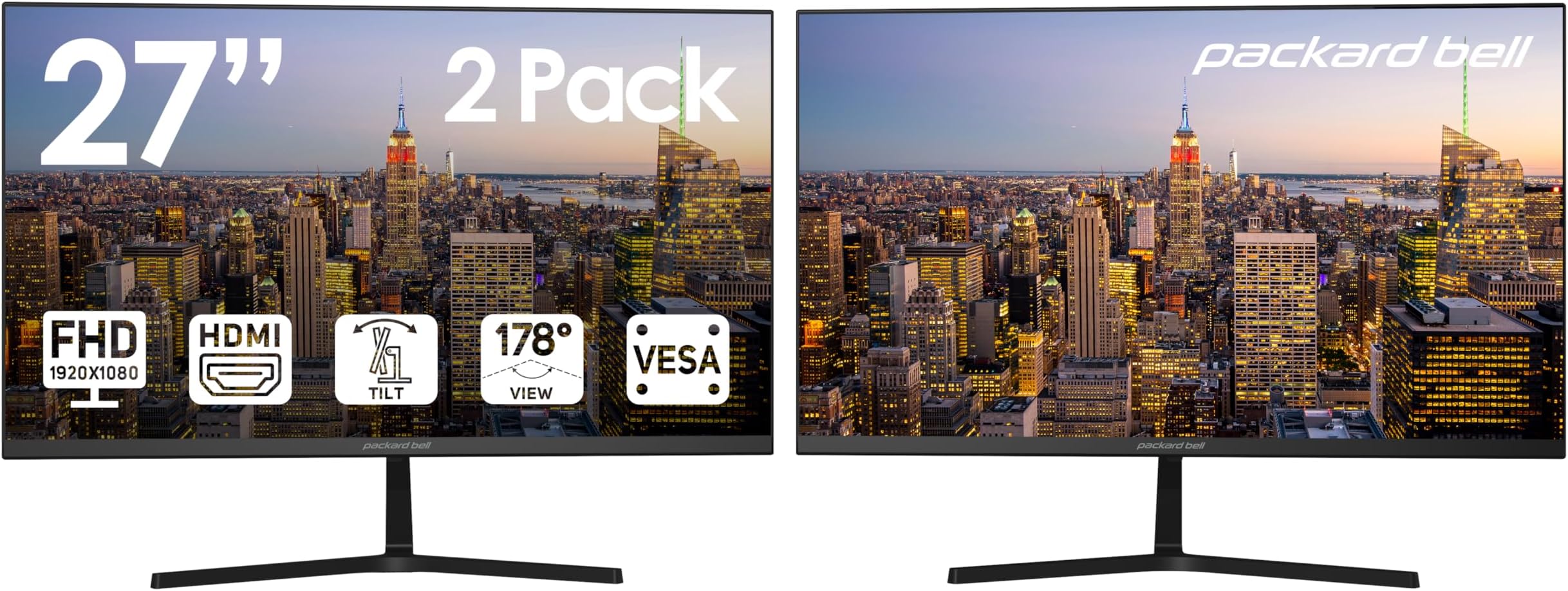 Packard Bell 27" FHD Monitor, 1920x1080, Ultrawide, VESA Mount, Tilt Adjust, HDMI/VGA, Slim Bezel, for Home, Office, and Light Gaming - 2 Pack