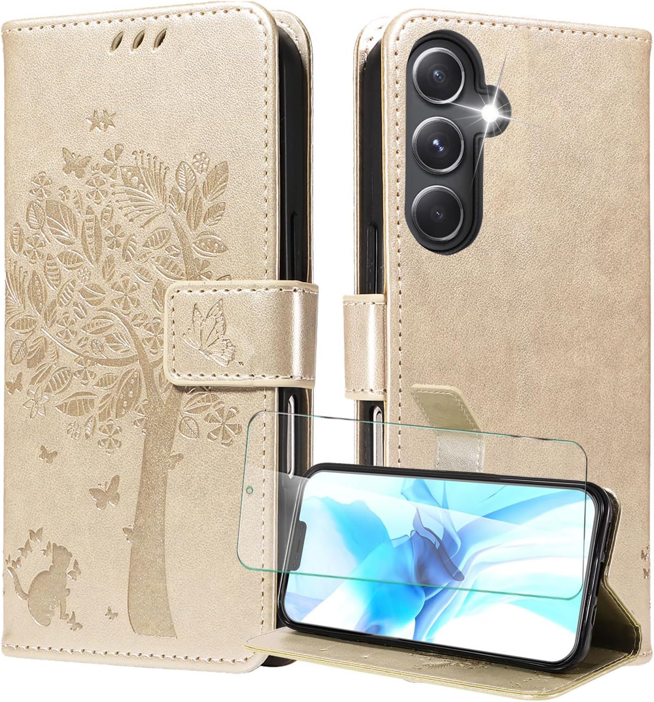 Phone Case for Samsung Galaxy A56 PU Leather Wallet Case with Screen Protector, Magnetic Closure, Cover with Card Holder Stand for Samsung Galaxy M56, Glod