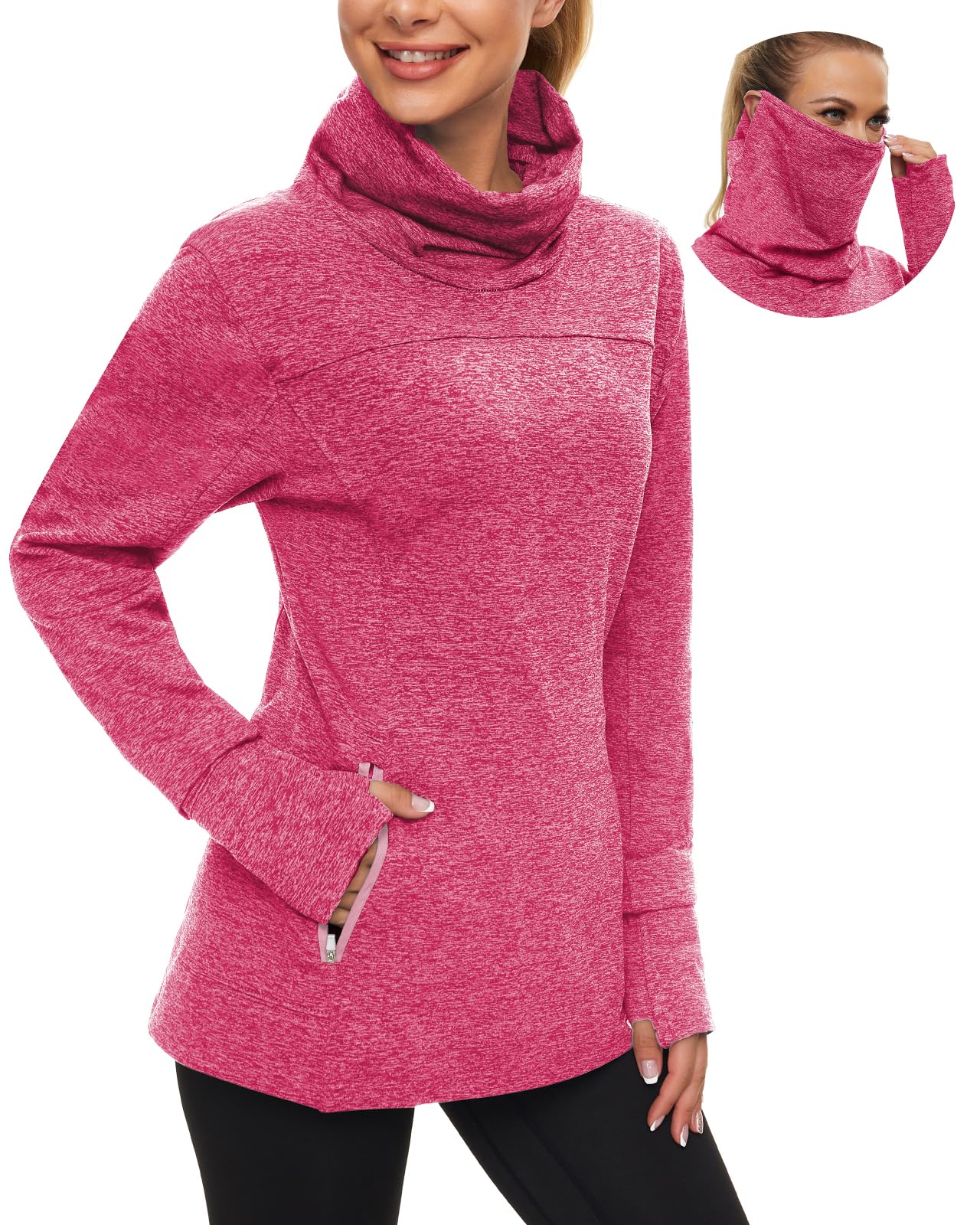 Soneven Women's Running Fleece Sweatshirts Cowl Neck Thermal Pullover Long Sleeve Shirt with Pocket and Neck Gaiter Face Mask
