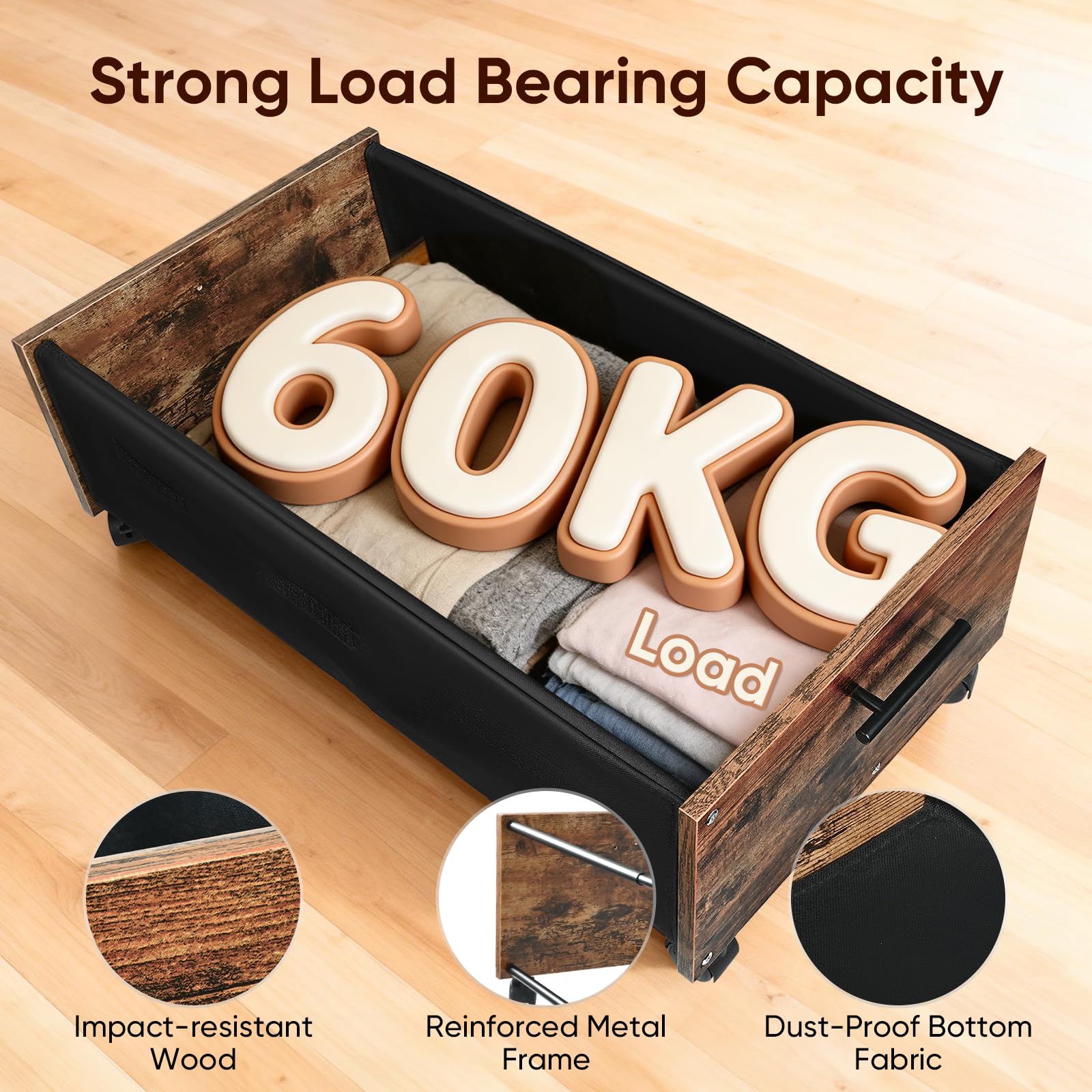 2er Set 70L Unterbett Aufbewahrungsbox mit Deckel, Unterbettkommode mit Rollen, Holz & Metallrahmen, Bettkasten Aufbewahrung für Kleidung, Schuhe, Spielzeug und Decken 75x42x27,5cm