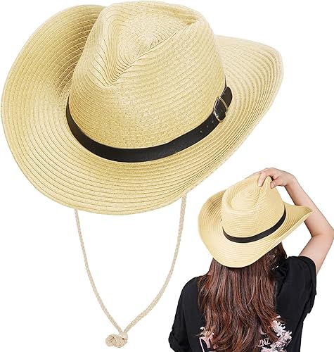 Miniatura 7 de Sombreros de vaquero de paja unisex para mujeres y hombres, sombrero de vaquero de playa occidental, sombrero de ala ancha para playa, Halloween,