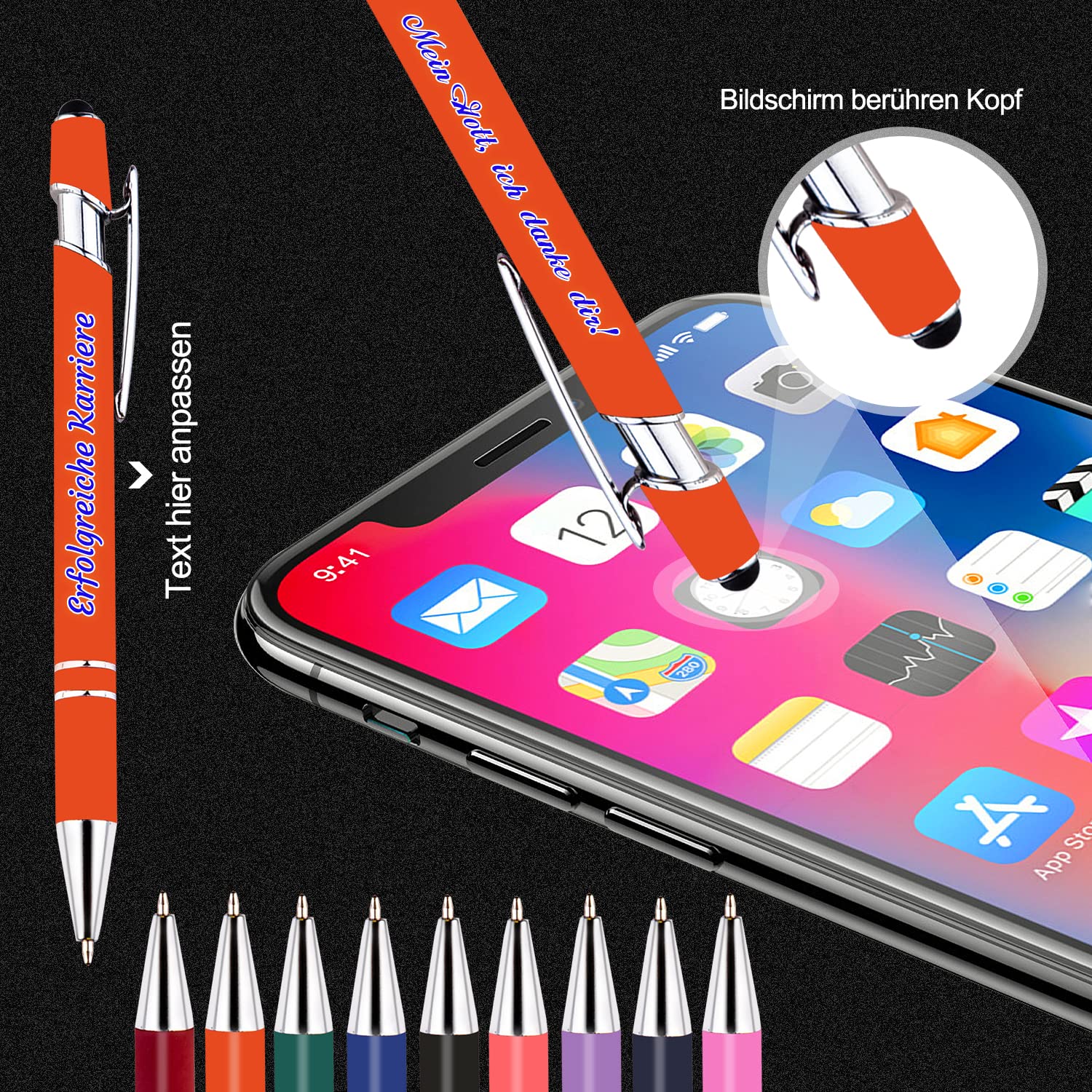 Personalisierter Kugelschreiber mit schwarzer Tinte, individueller Kugelschreiber mit Geschäftswerbung, Telefonnummer, kapazitiver Stift für Berührungen, Stift mit mittlerer Spitze, 216 STK