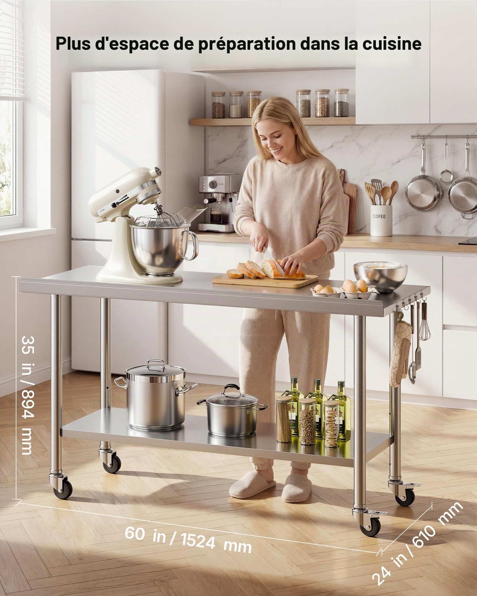 VEVOR Table de Travail Cuisine Professionnelle, Table Centrale INOX 152,4x61 cm 2 Niveaux, pour Préparation Café Hôtel Restaurant, Poste de Travail en Acier Inoxydable sur roulettes, avec Dosseret
