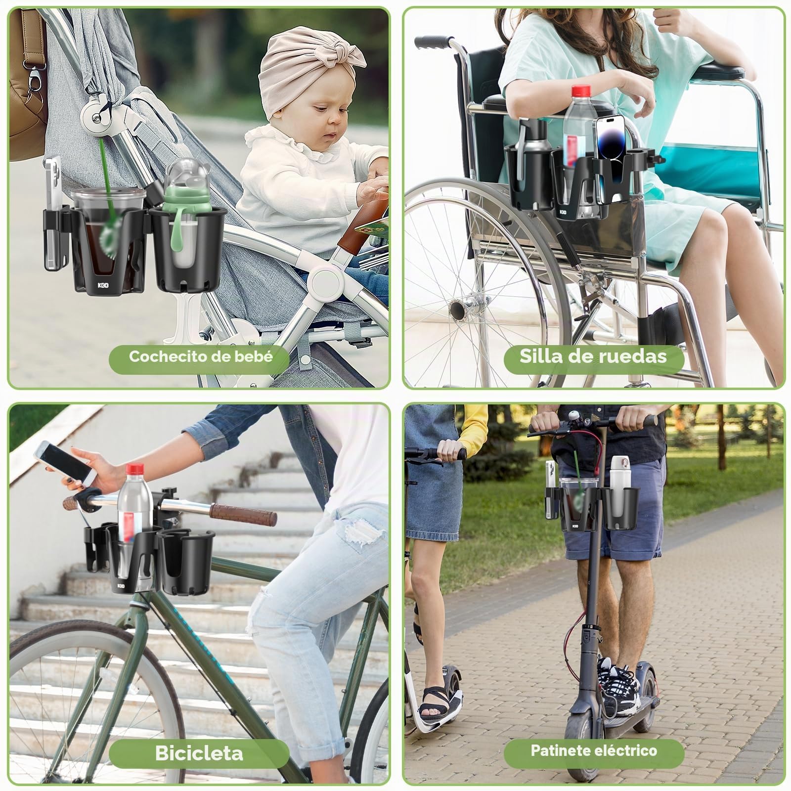 KDD Portavasos para Cochecito con Soporte Teléfono, 3 en 1 Portavasos Carito Bebe Extraíble, Portabotellas para Silla Rotación de 360 Grados Soporte para Vasos para Cochecito Bicicleta Andador Scooter