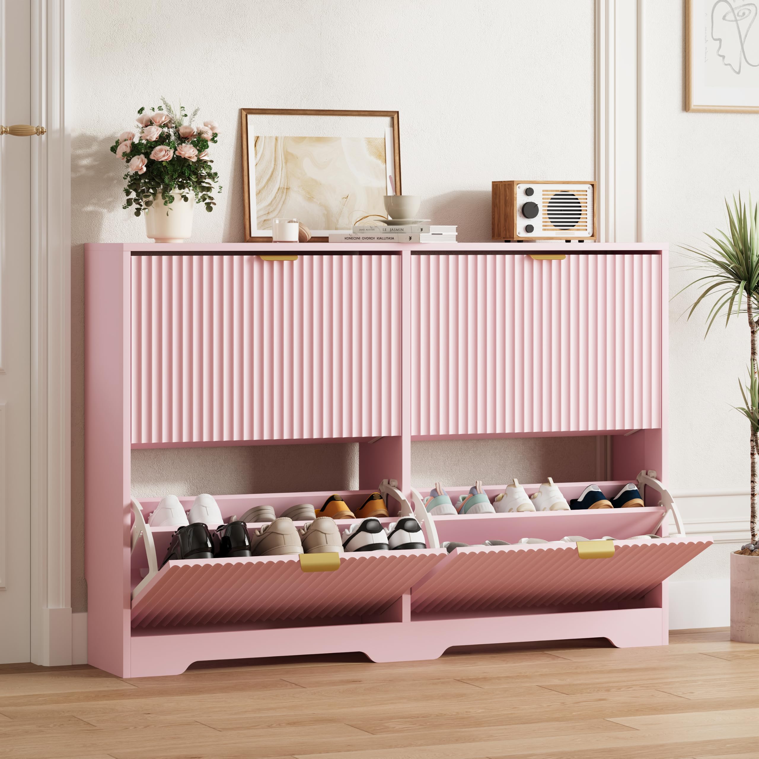 HUANLEGO Shoe Cabinet Storage for Entryway with 4 Flip Drawer, Pink
