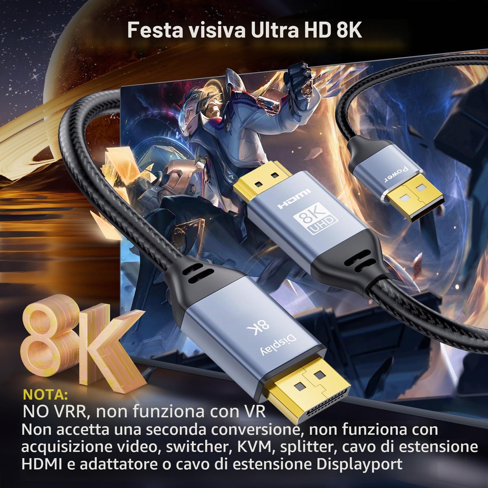 BolAAzuL Cavo adattatore HDMI 2.1 a DisplayPort Unidirezionale, dalla sorgente HDMI al display DisplayPort, supporta 8K@30Hz 4K@120Hz 2K@144Hz, alimentazione USB, intrecciato, 2M