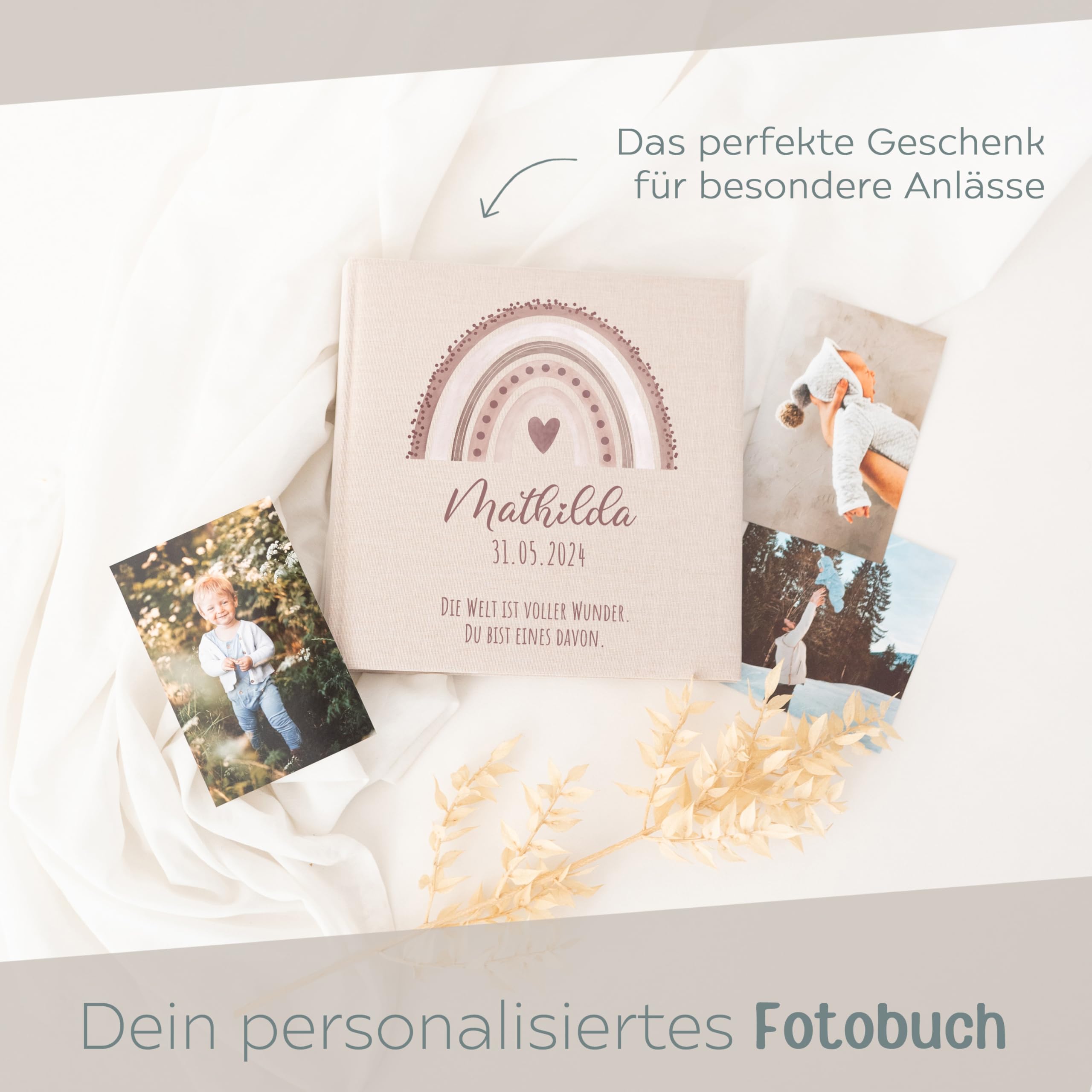 wunderwunsch Fotoalbum Einschulung personalisiert, Gästebuch, Deko, Erinnerungsalbum Schule, Geschenk Taufe, Kindergarten, Geburt, Geburtstag individualisiert (Regenbogen rosa)