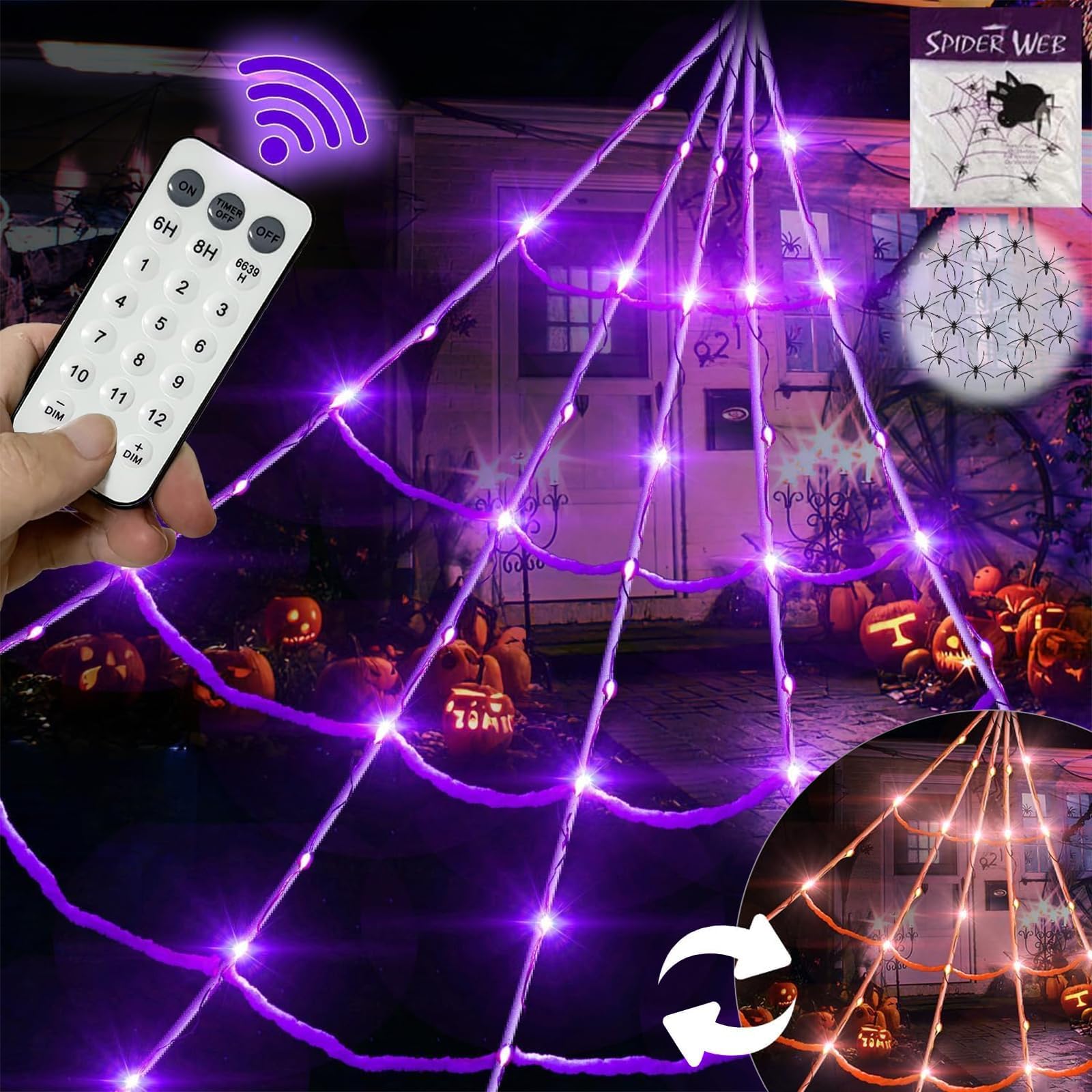 8 Modes 20 * 17FT Halloween Spider Web 150 Led Purple Lights Light Up Lighted Triangular Giant Battery Operated Waterproof with 200sqft Cobweb and 20 Small Spiders for Indoor and Outdoor Decoration