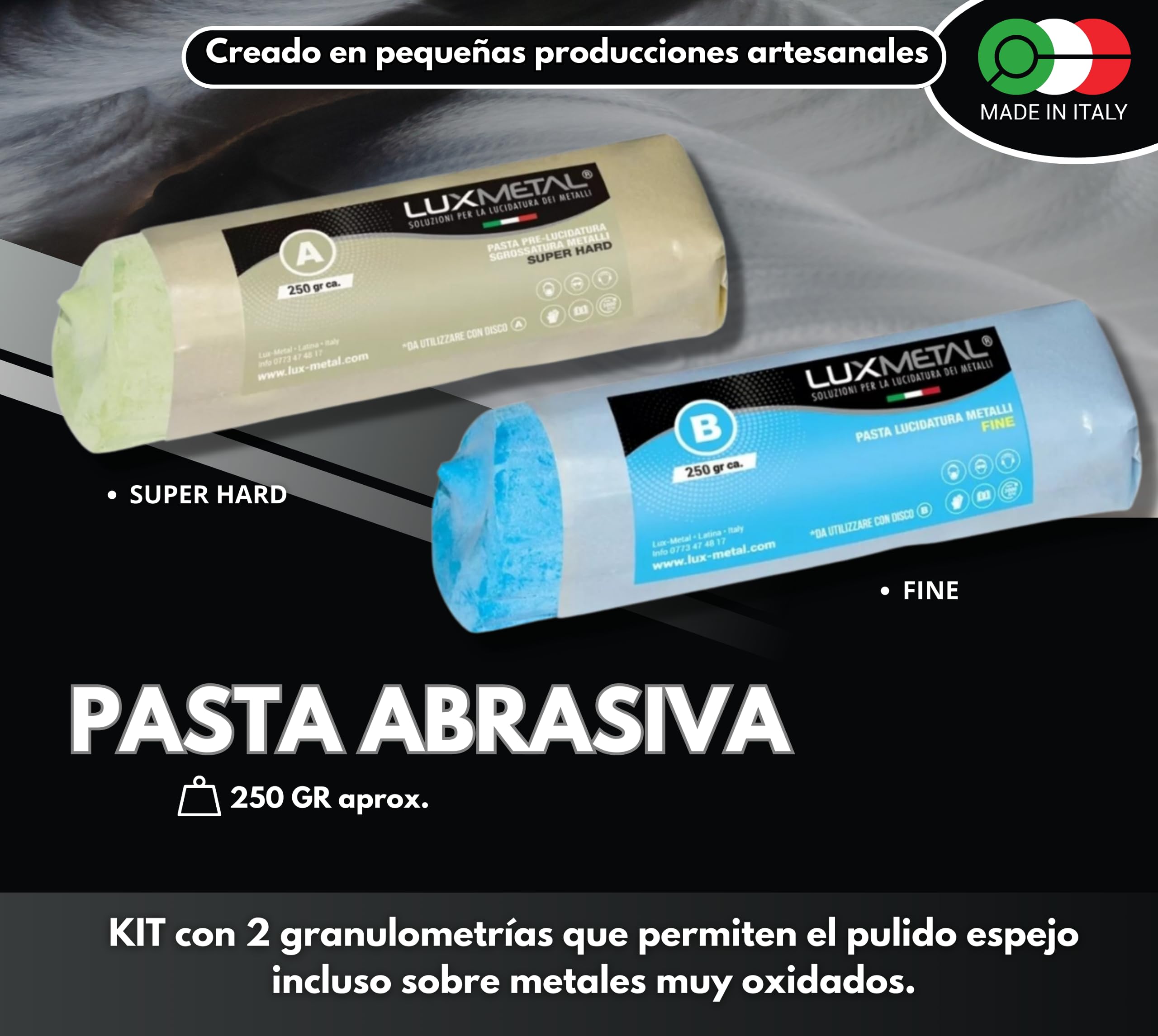 Lux Metal - Kit de Pulido 2 Pasta de Pulido Abrasiva de 250 g y 2 Discos de Pulido 100 mm Sisal Algodón Discos Broca para Pulir Metales Acero Inoxidable Aluminio Set de Pulido Latón Cobre Rueda