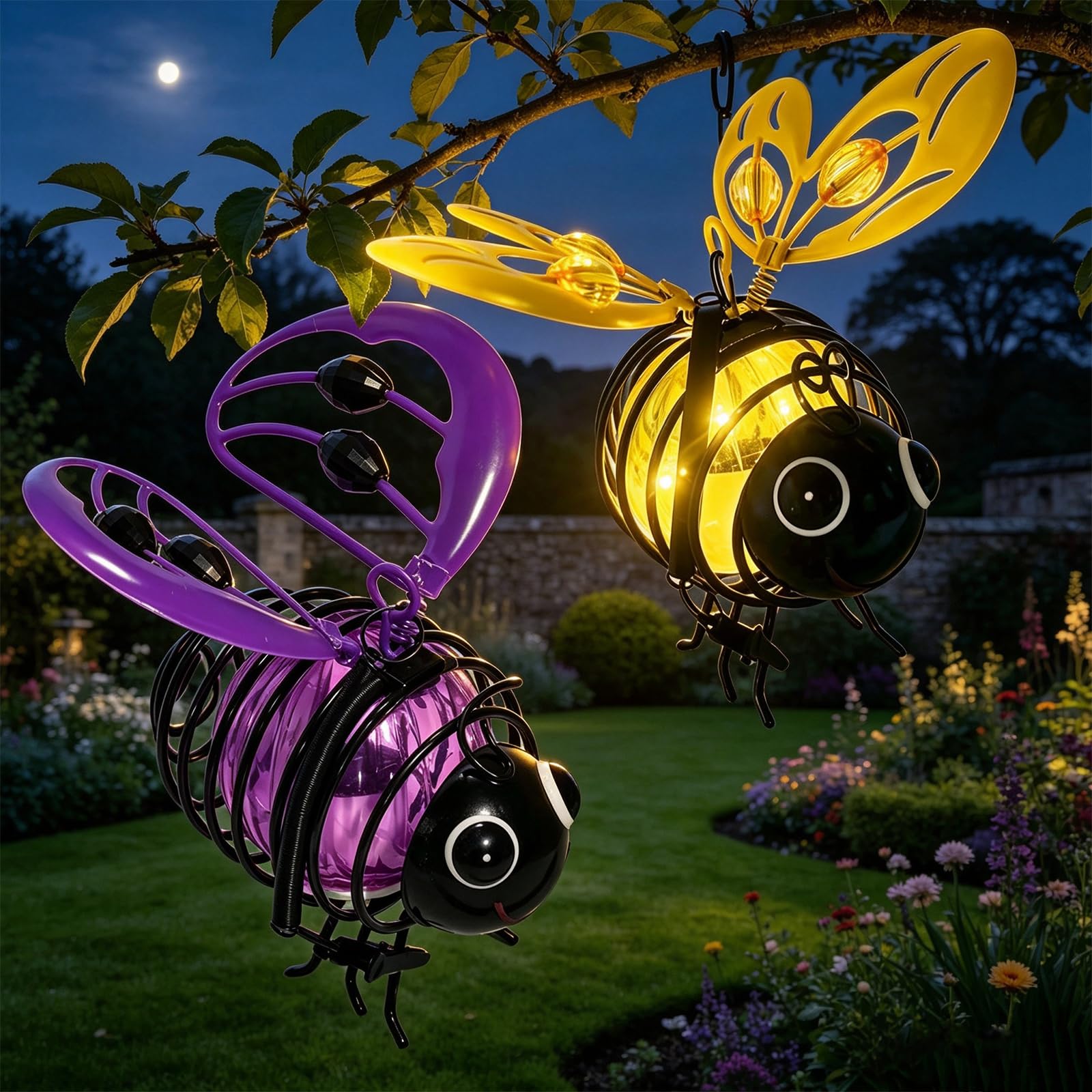 Solar Powered Hanging Bee Garden Light Outdoor, Metal Waterproof Garden Lantern, Auto-On Led Fairy Decor for Patio Yard Pathway (2pcs-d)