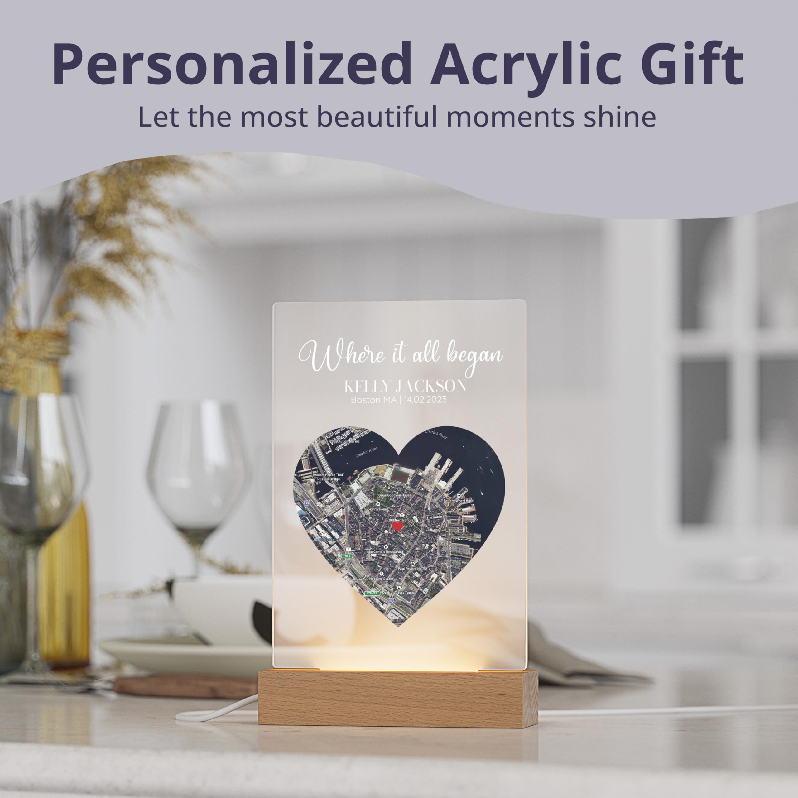Where It All Began - Placa de mapa satelital personalizada | Regalo personalizado para parejas con nombres y coordenadas | Luz nocturna LED romántica para decoración del hogar | Recuerdo de amor único