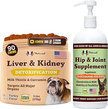 Natural Dog Company Hip & Joint Support Bundle for Dogs Liquid Glucosamine 16 oz + Liver & Kidney Detox Chews 90 Ct Mobility, Flexibility, Organ Health & Immune Support Supplement Set