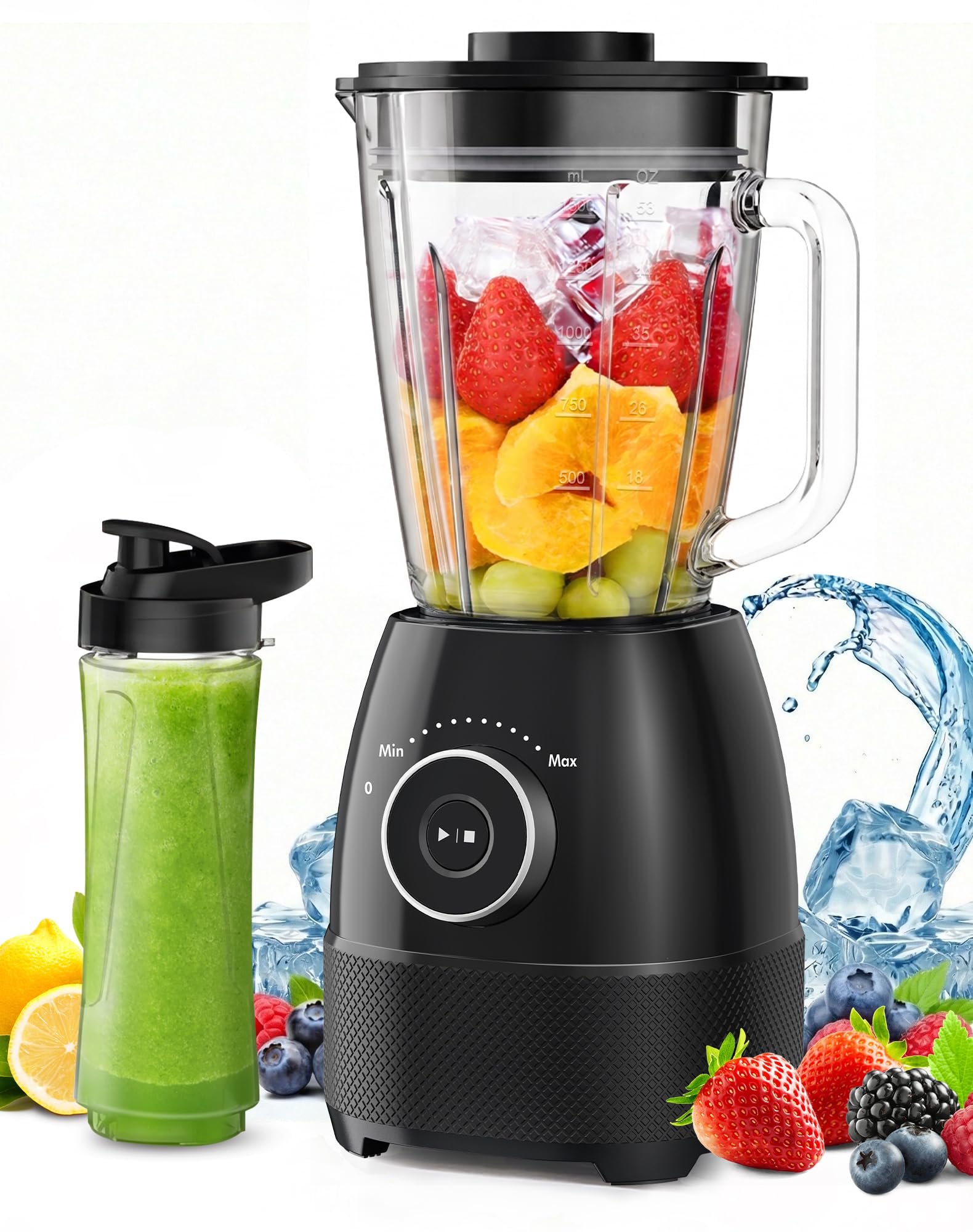 Batidora de Vaso, 1500W Batidora Smoothies, Vaso Batidora con Jarra de Vidrio 1,5L y Botella Tritan 600ml sin BPA, Velocidad Ajustable y Cuchillas de Acero Inoxidable, Licuadora para Zumos y Batidos
