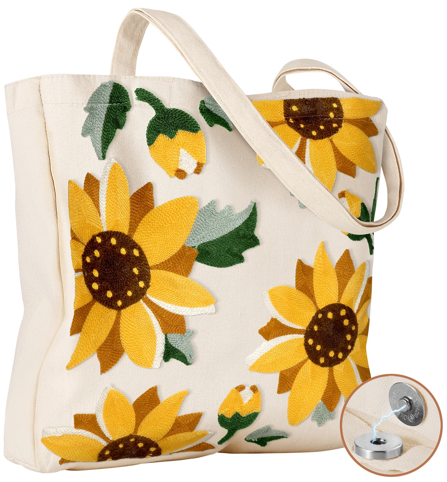 Miss Adola Bolsa de lona con bordado estético para mujer, reutilizable, bonita bolsa de hombro para compras, comestibles, trabajo, libro