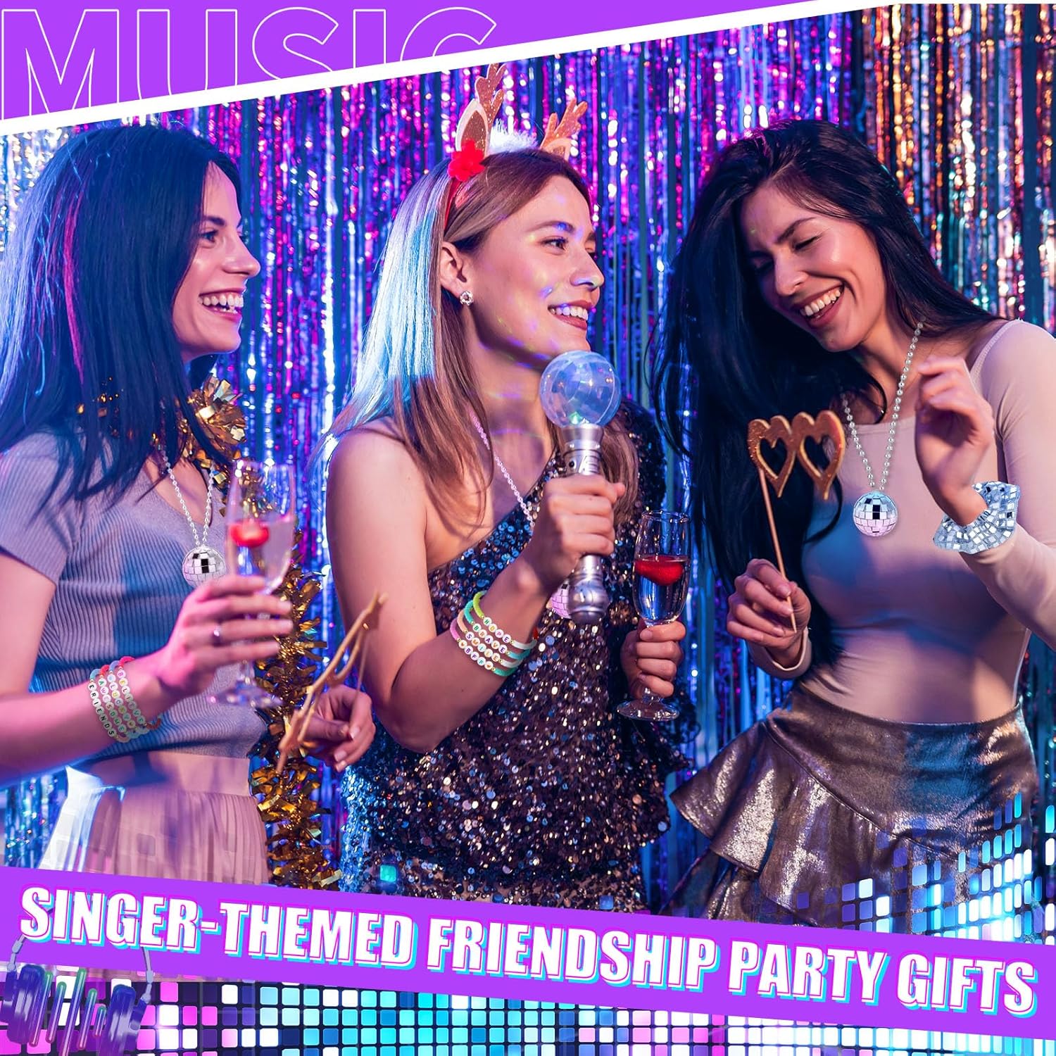 72Pcs Friendship Party Favors Era Popular Singer Gift Sets include Bead Bracelets Disco Ball Heart Sunglasses Metallic Silver Hair Accessories Holographic Gift Bag for Girls Fans Party Supplies - Image 4