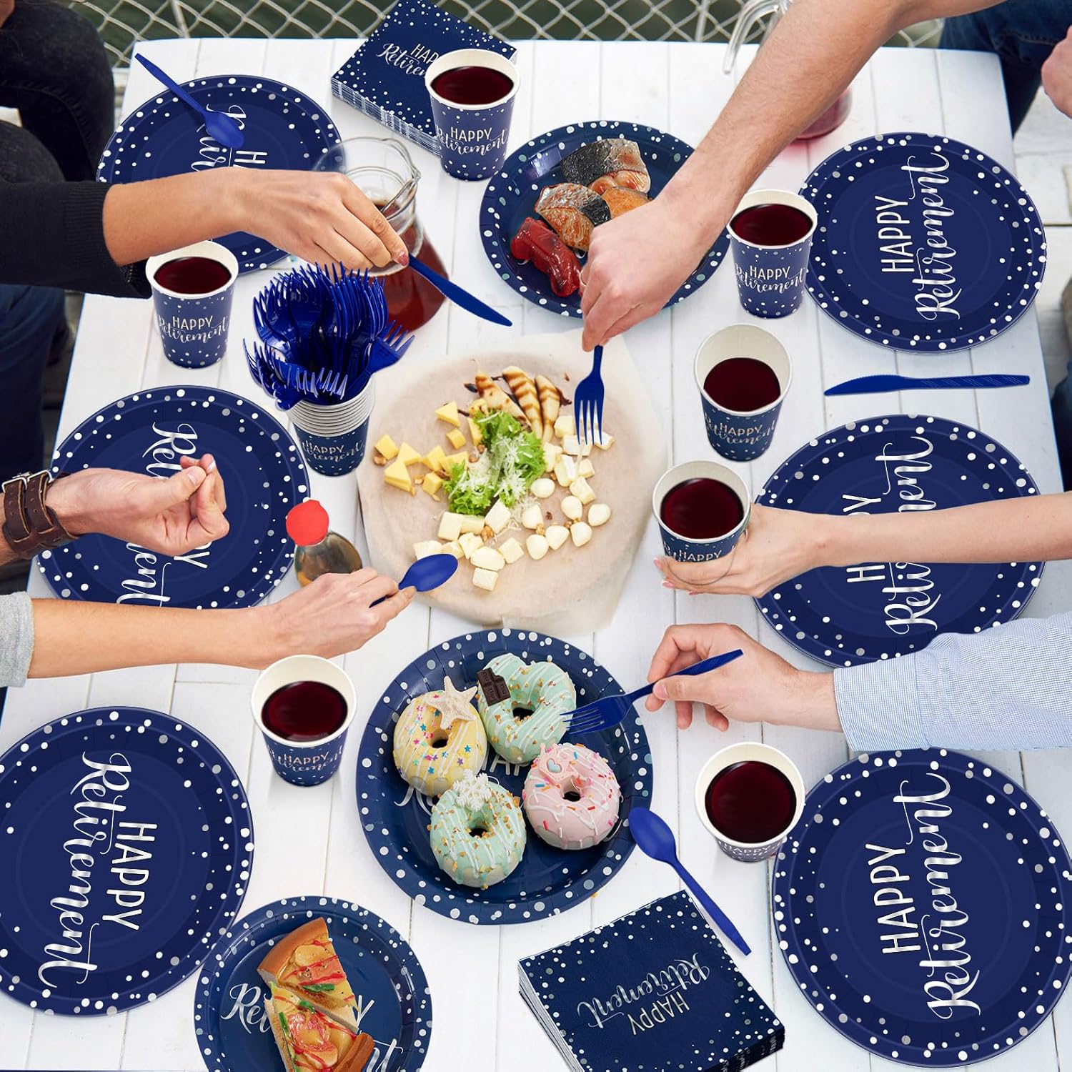 Pickmesh 384 Pcs Retirement Party Decorations Happy Retirement Paper Plates and Napkins Set with Cups and Knife Fork Spoon, Farewell Party Disposable Tableware for Guest (Blue)