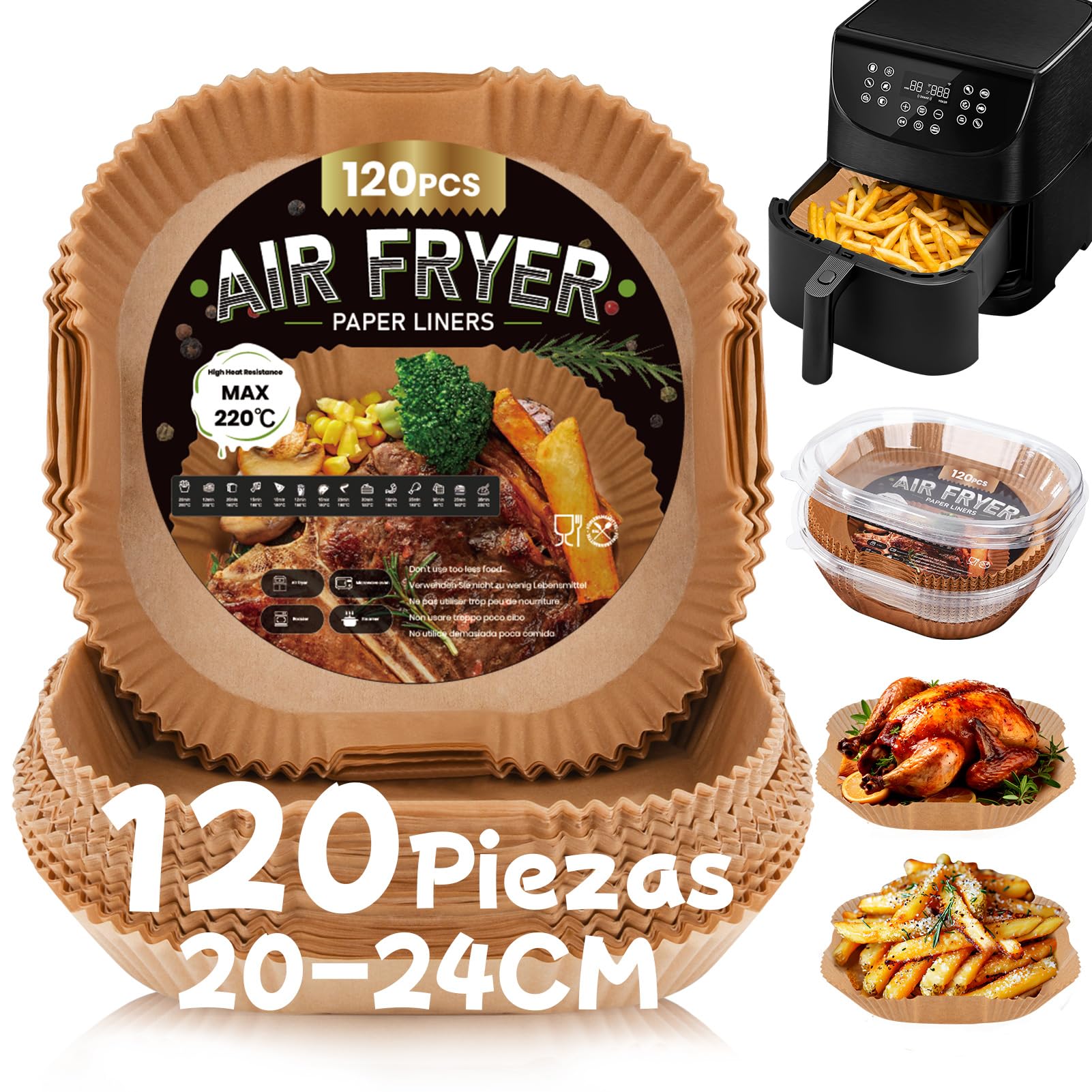 120 Piezas Papel para Freidora de Aire 5-8L, 20-24CM Papel Air Fryer Cuadrado, Papel Freidora Aire Desechable Antiadherente para Horno Microondas, Perfecto para COSORI Cecotec 5,5 6L