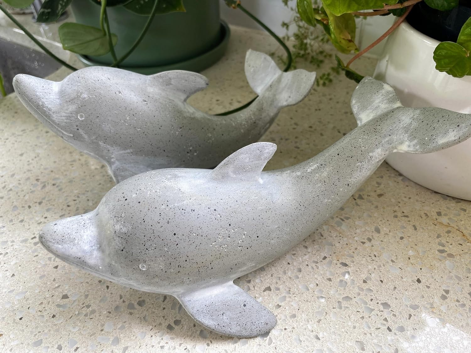 Coastal Dolphin Sculptures - Handcrafted Resin Figurine for Bookshelf, Small Decorative Indoor Gray Dolphins, Set of 2 (7.5" & 6.5")