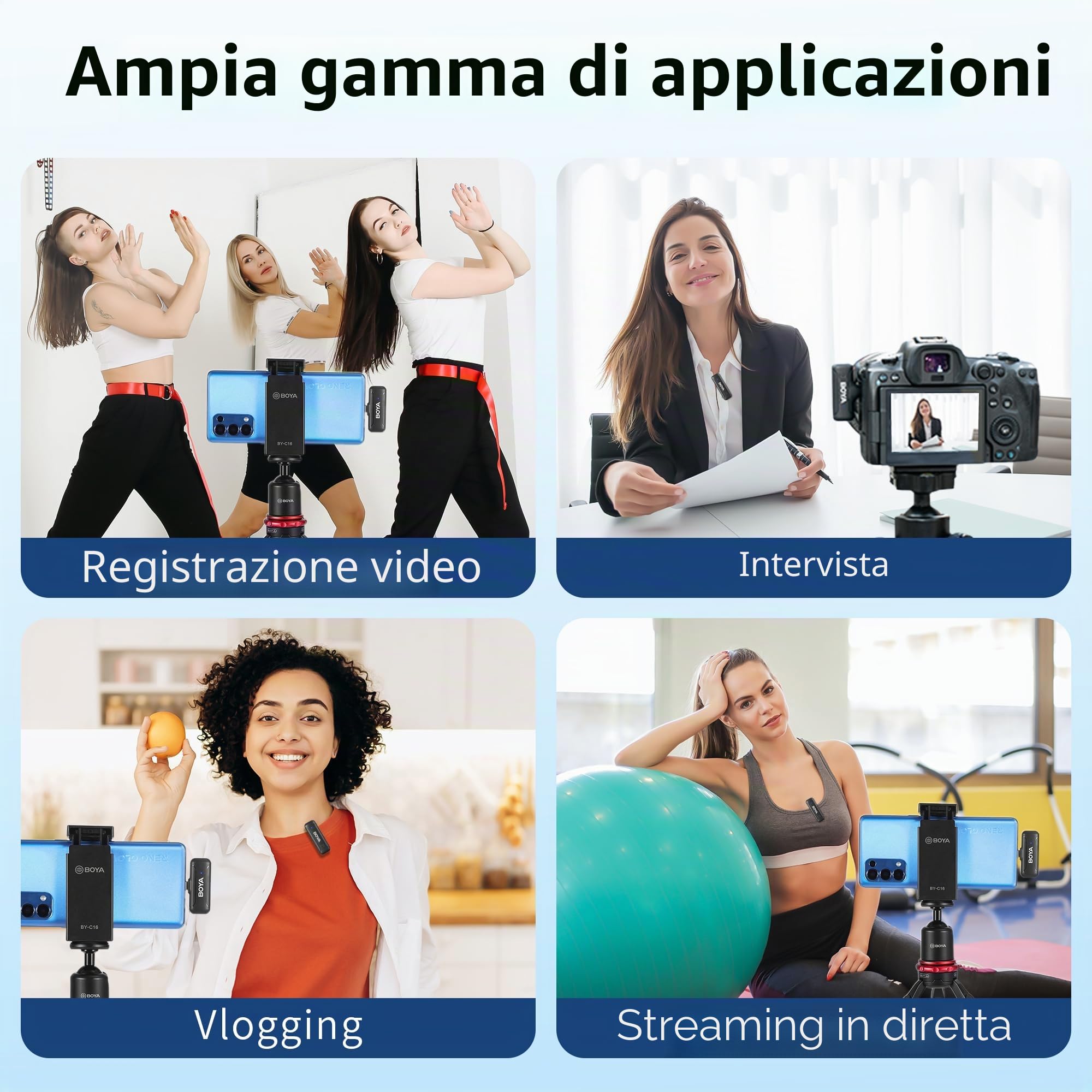 BOYA Microfono wireless per iPhone, microfono per iPhone per registrazione video con riduzione del rumore e trasmissione di 100 m, tempo di funzionamento 32 ore per iPhone, iPad