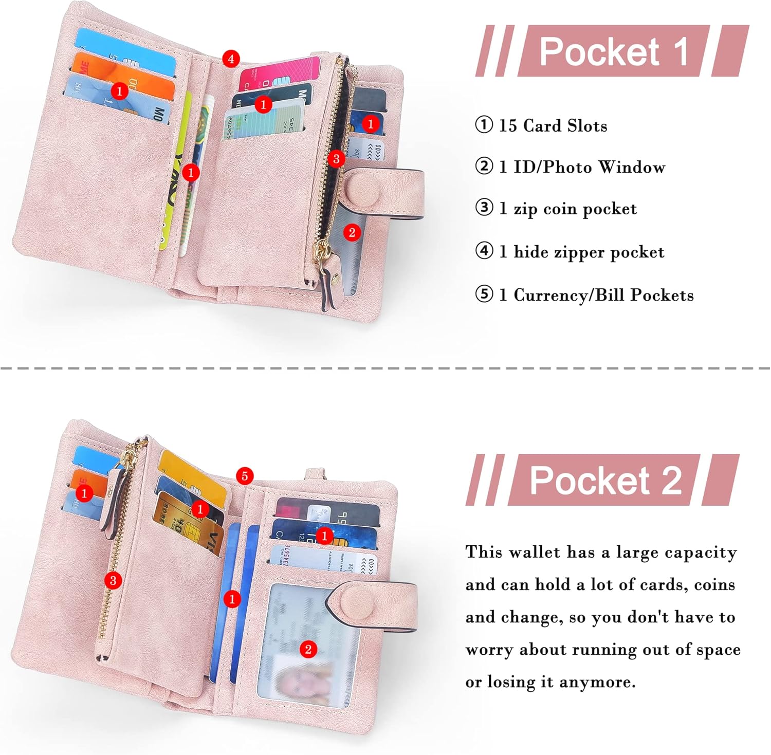 RFID Wallets for Women, Large Capacity Faux Suede Leather Small Womens Wallet with Wristlet (Pink) - Image 3