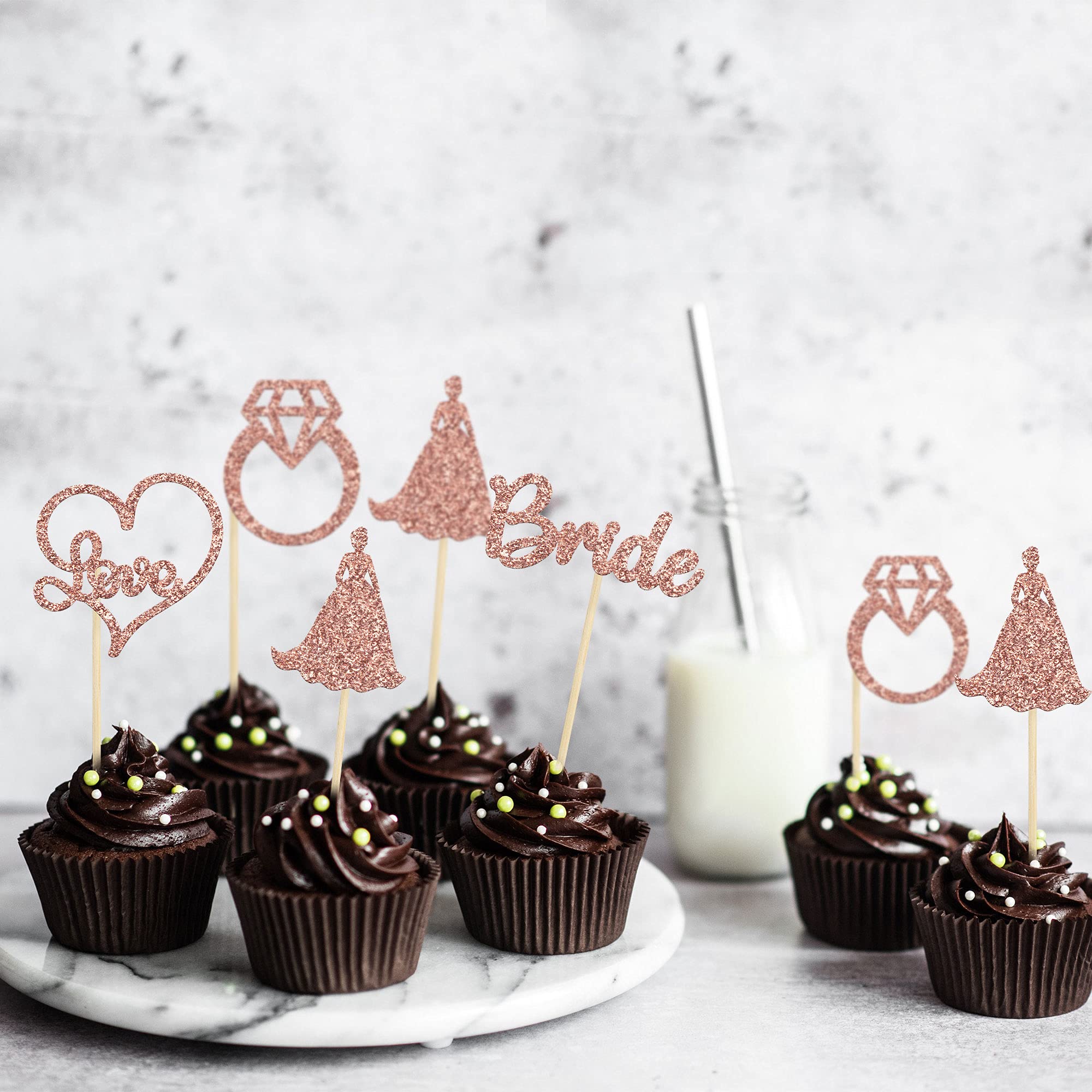 Gyufise 24pcs Bride To Be Cupcake Toppers Rose Gold Glitter