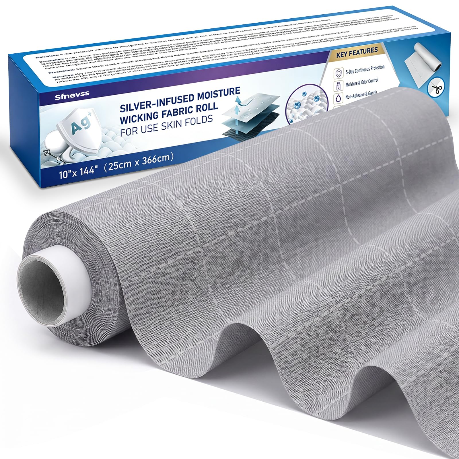 Moisture Wicking Fabric Roll with Silver Ions 10"x144", Breathable &amp; Non-Adherent Wound Dressing, Skin Fold Protection Liner, Soft Medical Bandage for Wound Care Custom-Cut